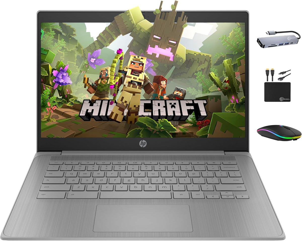 Ordinateur compact portable HP Chromebook 14 HD Premium pour étudiants et professionnels : processeur quadricœur Celeron N4120, 4 Go de RAM, 564 Go de stockage (64 Go eMMC + 500 Go extensible), webcam, batterie longue durée, Chrome OS + accessoires