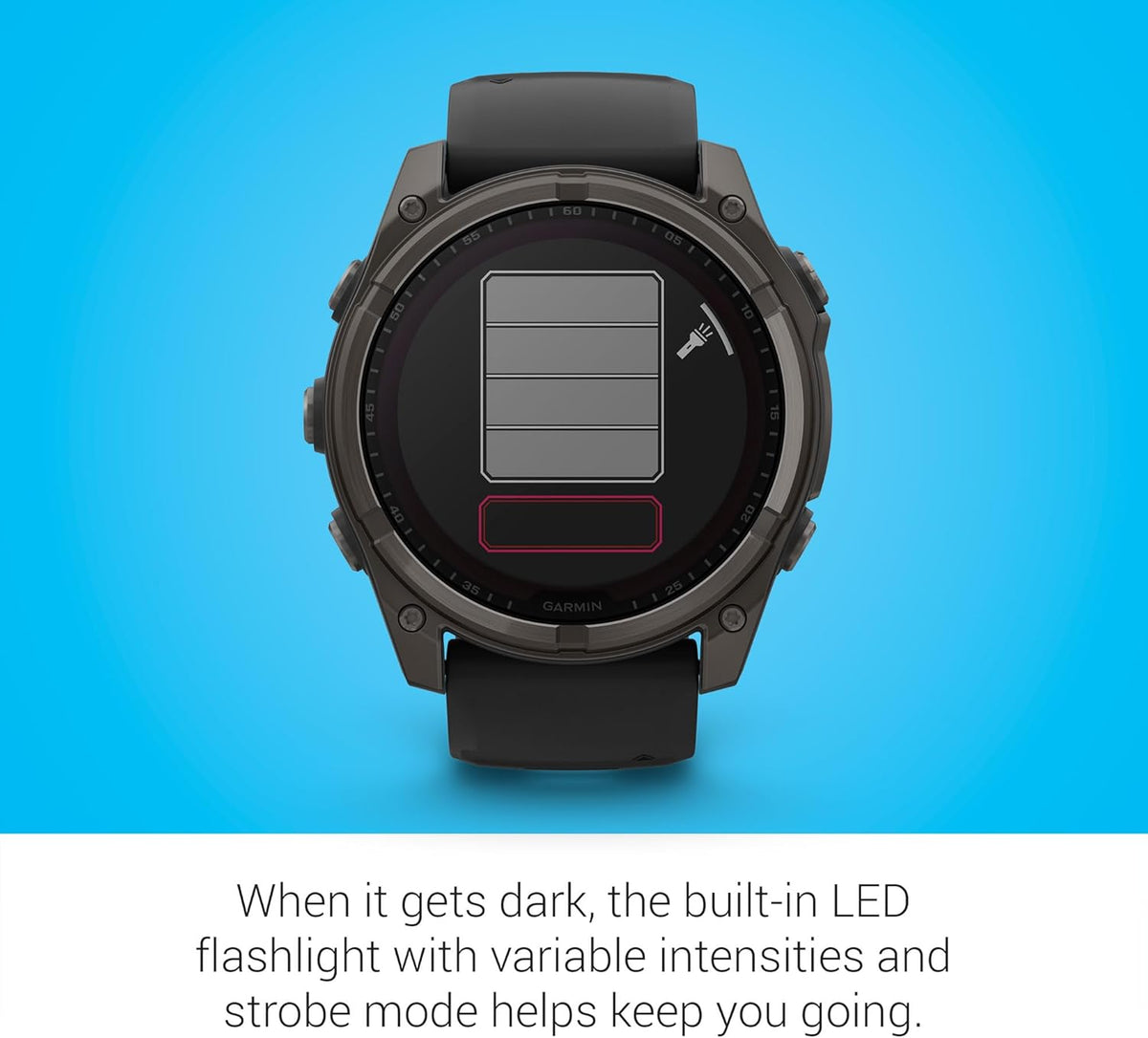 Présentation : Garmin Fenix 8 Premium Montre connectée multisport GPS pour la course à pied 51 mm, écran saphir solaire, étanche à l'énergie solaire, lampe torche intégrée, boîtier en titane DLC avec bracelet gris galet - Socle de chargement Signatur