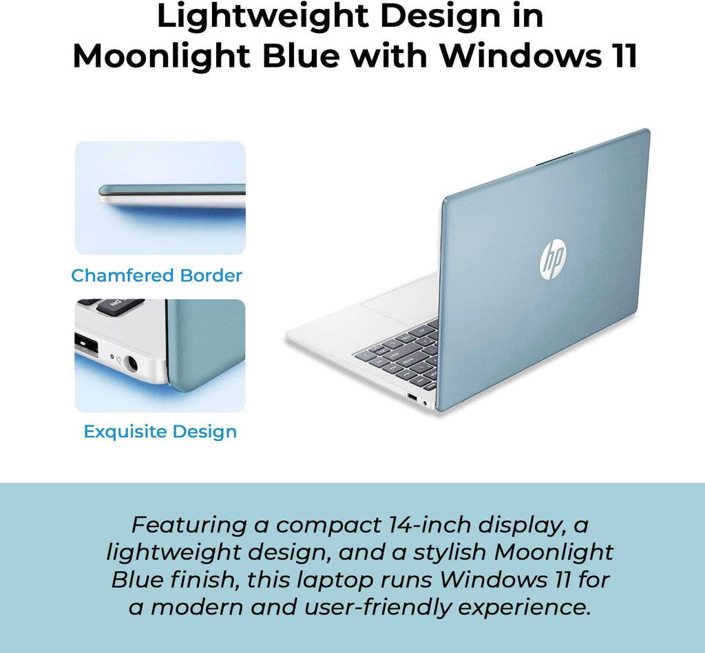 Ordinateur compact portable HP 14 Bleu clair de lune avec Office 365, processeur AMD, 4 Go de mémoire vive DDR5 intégrée, 1,1 To de stockage (128 Go SSD et 1 To OneDrive), écran HD, Windows 11, performances économes en énergie et silencieuses.