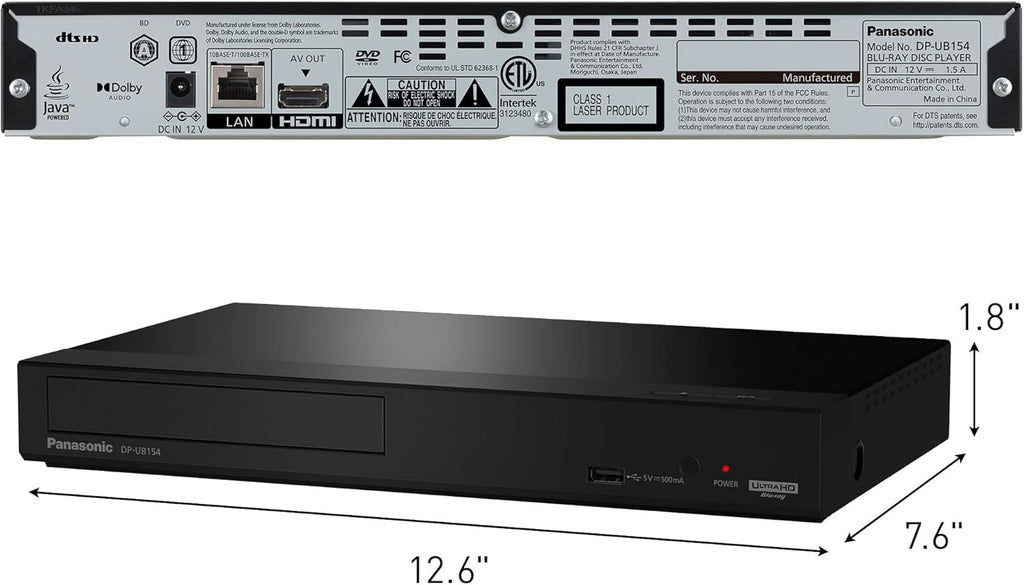 Lecteur Blu-ray 4K Panasonic : lecture vidéo Ultra HD Premium et audio haute résolution - Lecteur DVD DP-UB154P-K (noir) – Modèle pratique