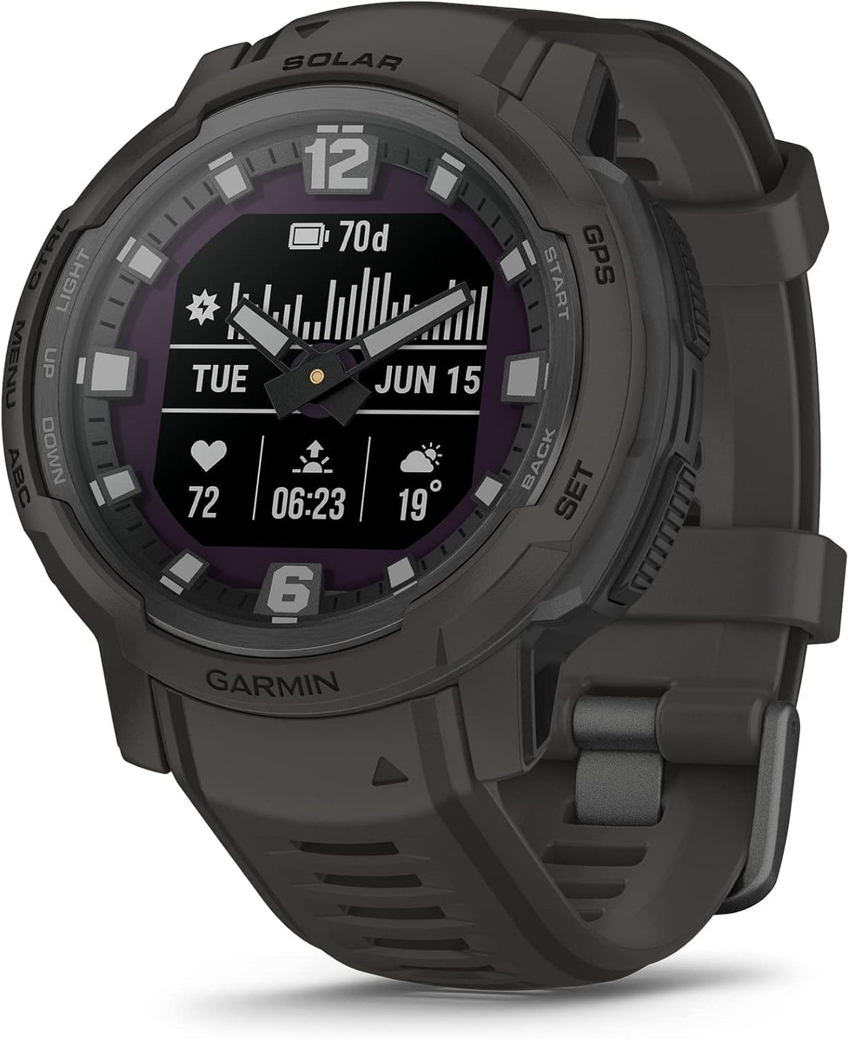 Présentation : Montre connectée hybride robuste Garmin Instinct Crossover Solar avec chargement solaire, aiguilles analogiques et affichage numérique, couleur graphite