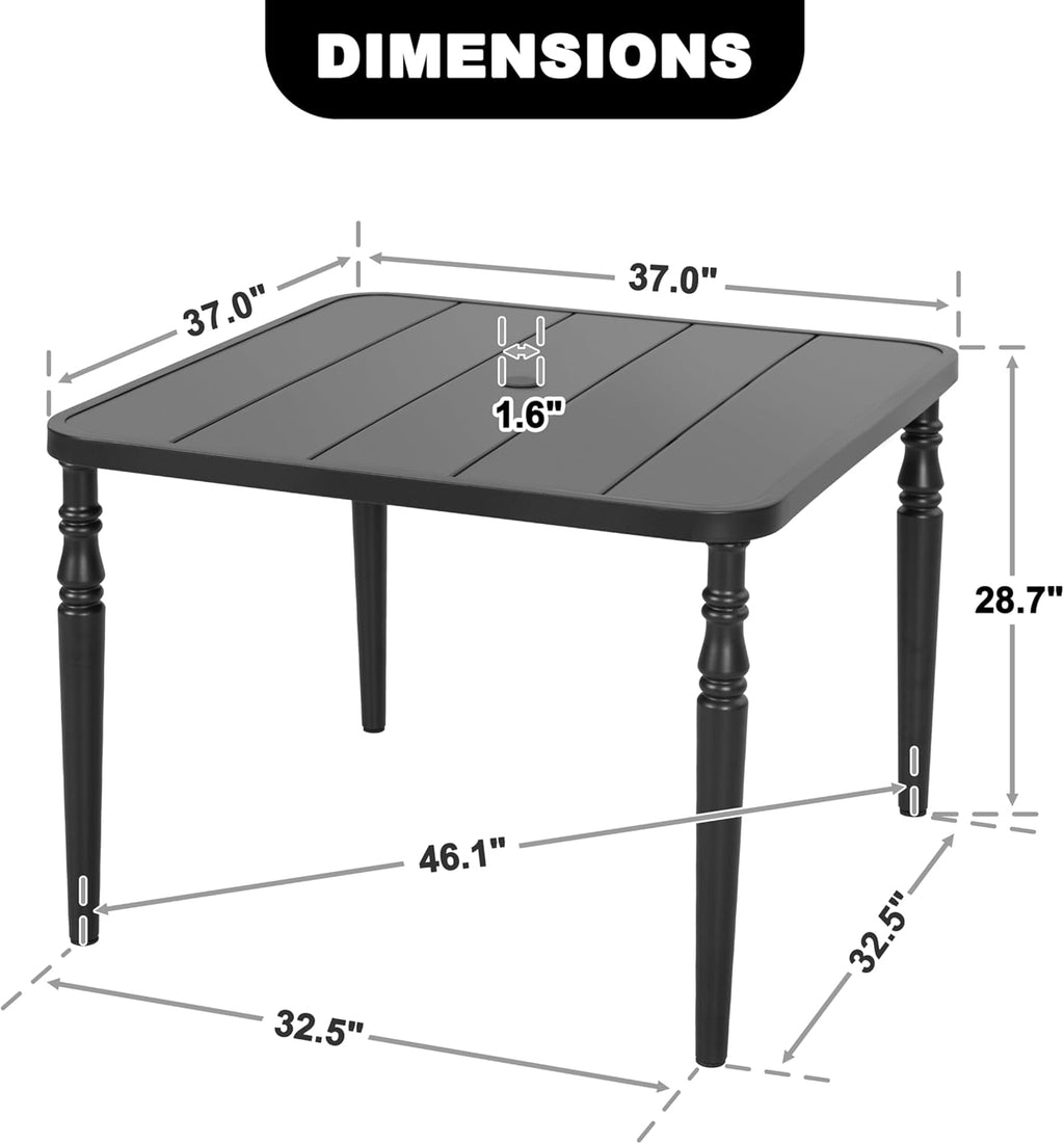 Table de salle à manger d'extérieur NUU GARDEN 94 cm (37 po), table carrée en métal dotée de trou pour parasol, table de patio avec cadre thermolaqué et plateau à lattes, pour jardin, cour et balcon, noire