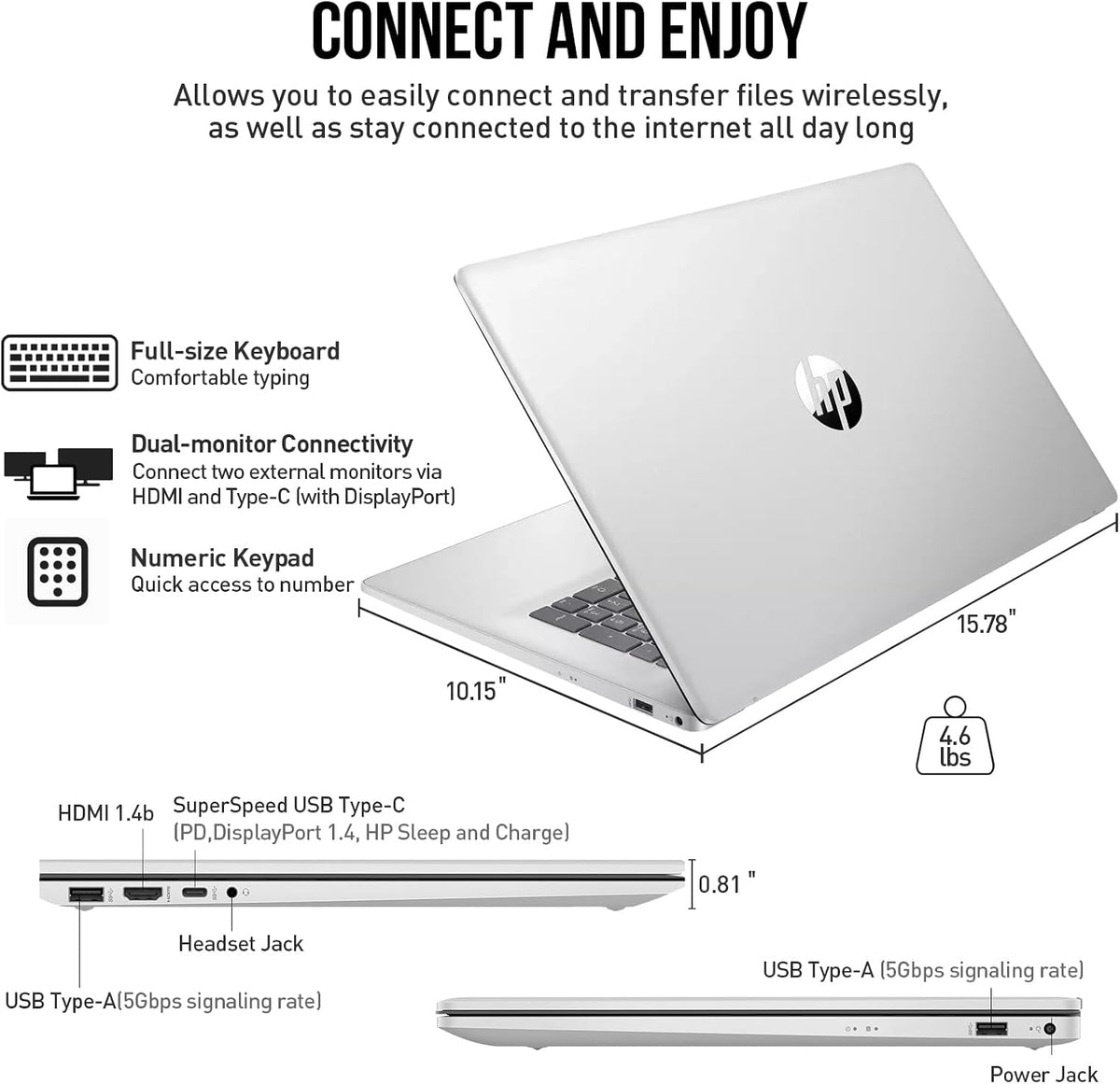 Ordinateur compact portable HP PowerBook 2026 17 pouces, écran IPS FHD 17,3 pouces, PC professionnel, processeur Intel Core i7 (10 cœurs, supérieur à l'Intel Core i7-1355U de 13e génération), Windows 11 Professionnel, 64 Go de RAM, SSD de 2 To, pavé