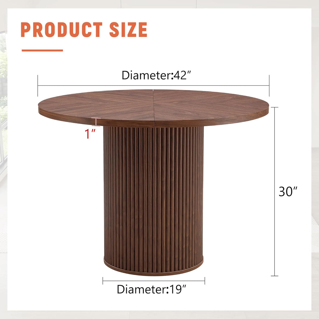Table de salle à manger ronde de 107 cm dotée de rangement, table ronde moderne avec plateau en bois et piètement cylindrique, table de cuisine ronde peu encombrante pour salle à manger.