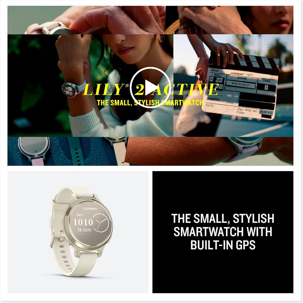 Présentation : Garmin Lily® 2 Active Montre connectée compacte et élégante GPS intégré Écran dissimulé Verre à motifs Jusqu'à 9 jours d'autonomie Couleur or lunaire Bracelet en silicone couleur os