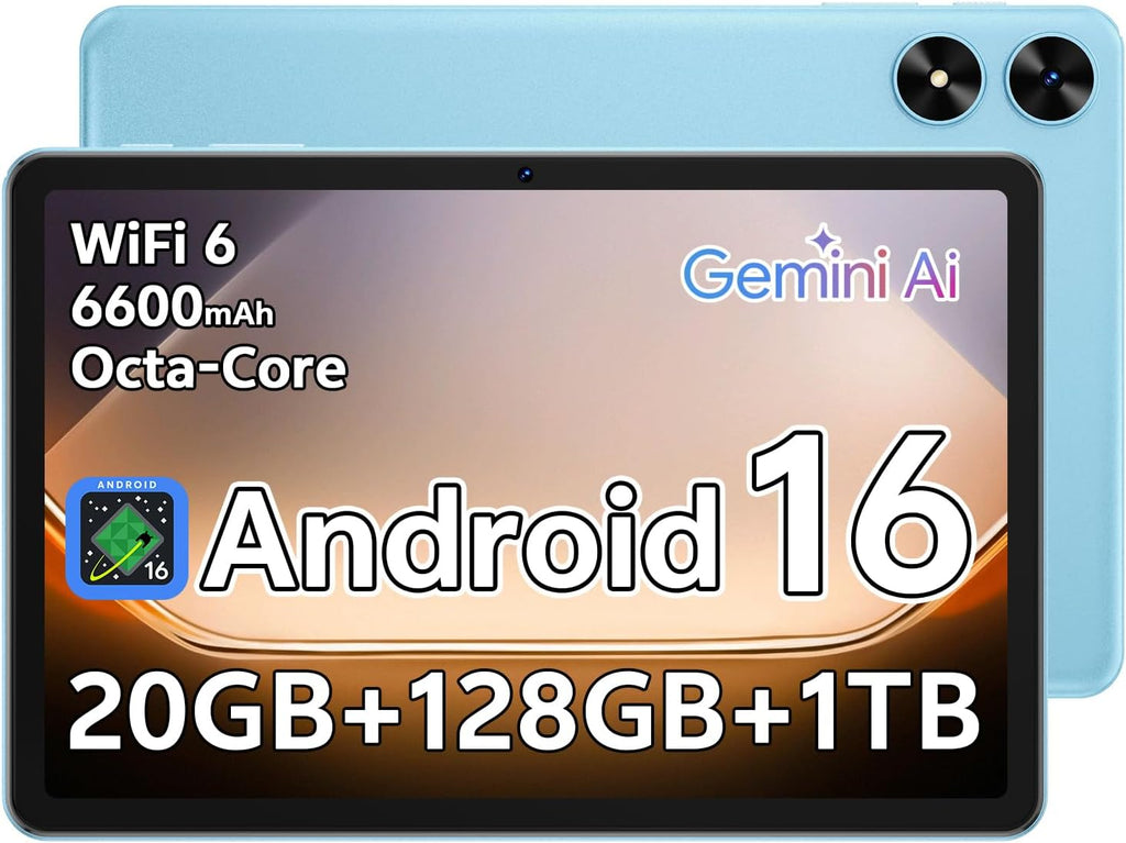 Tablette tactile 10,1 pouces Android 16 avec processeur octocœur, 20 Go de RAM, 128 Go de ROM extensible jusqu'à 1 To, écran tactile IPS HD 1280 x 800, GPS, autonomie de 8 h, Wi-Fi 6, Bluetooth 5.2, double caméra (bleue)