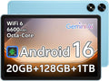 Tablette tactile 10,1 pouces Android 16 avec processeur octocœur, 20 Go de RAM, 128 Go de ROM extensible jusqu'à 1 To, écran tactile IPS HD 1280 x 800, GPS, autonomie de 8 h, Wi-Fi 6, Bluetooth 5.2, double caméra (bleue)