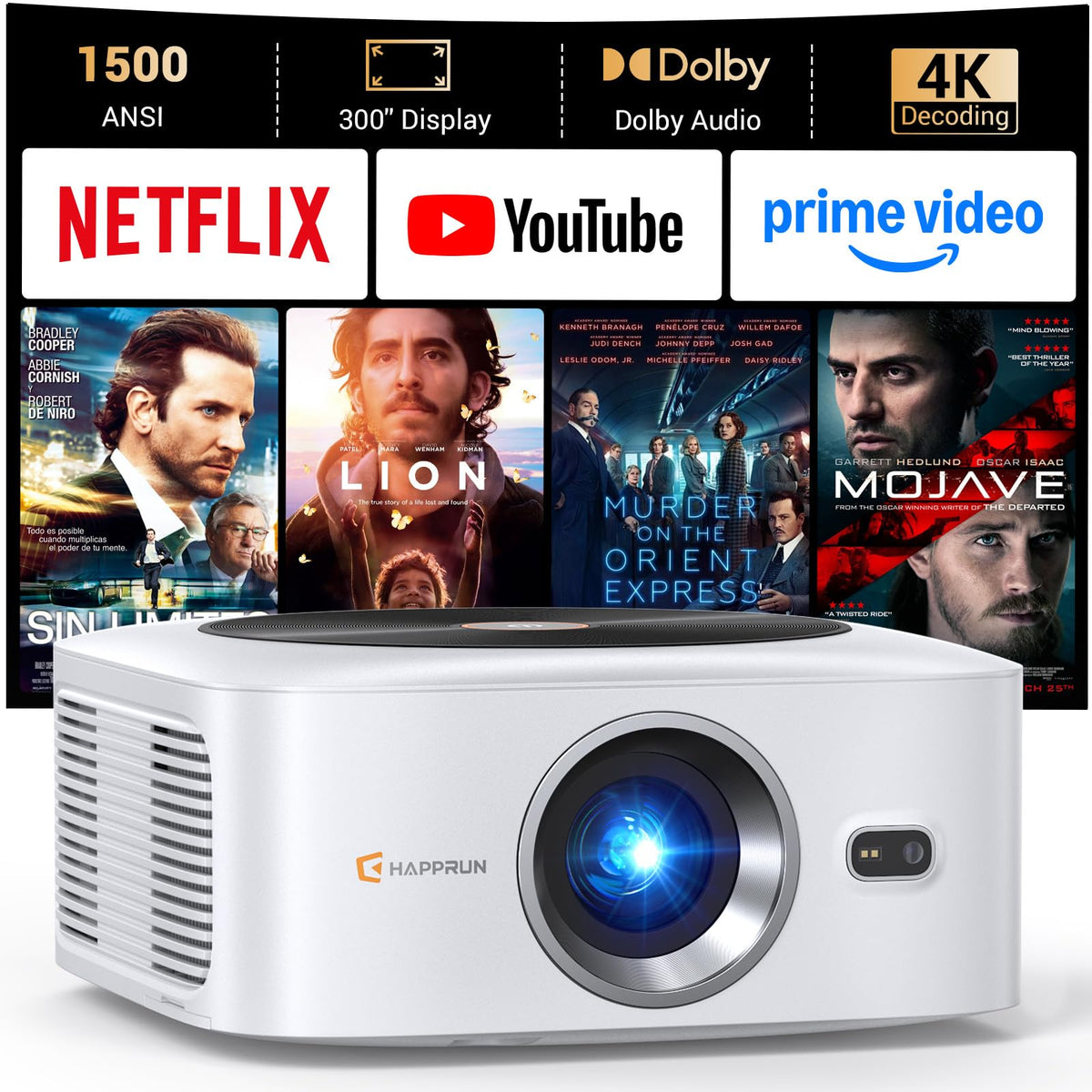 Projecteur extérieur intelligent HAPPRUN 1500 lumens ANSI, résolution 4K – Modèle pratique
