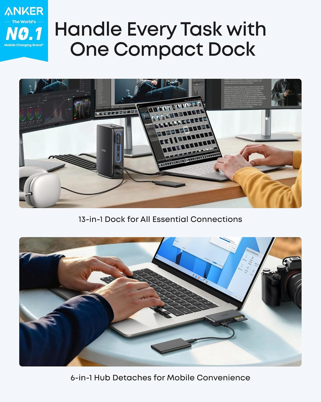 Station d'accueil pour ordinateur compact portable Anker Nano avec hub détachable 13-en-1, triple affichage USB-C, 2 ports HDMI + 1 port DP, USB-C 10 Gbit/s, 3 ports USB-A, audio, lecteur de cartes SD/TF, Ethernet, alimentation 100 W max. Compatible