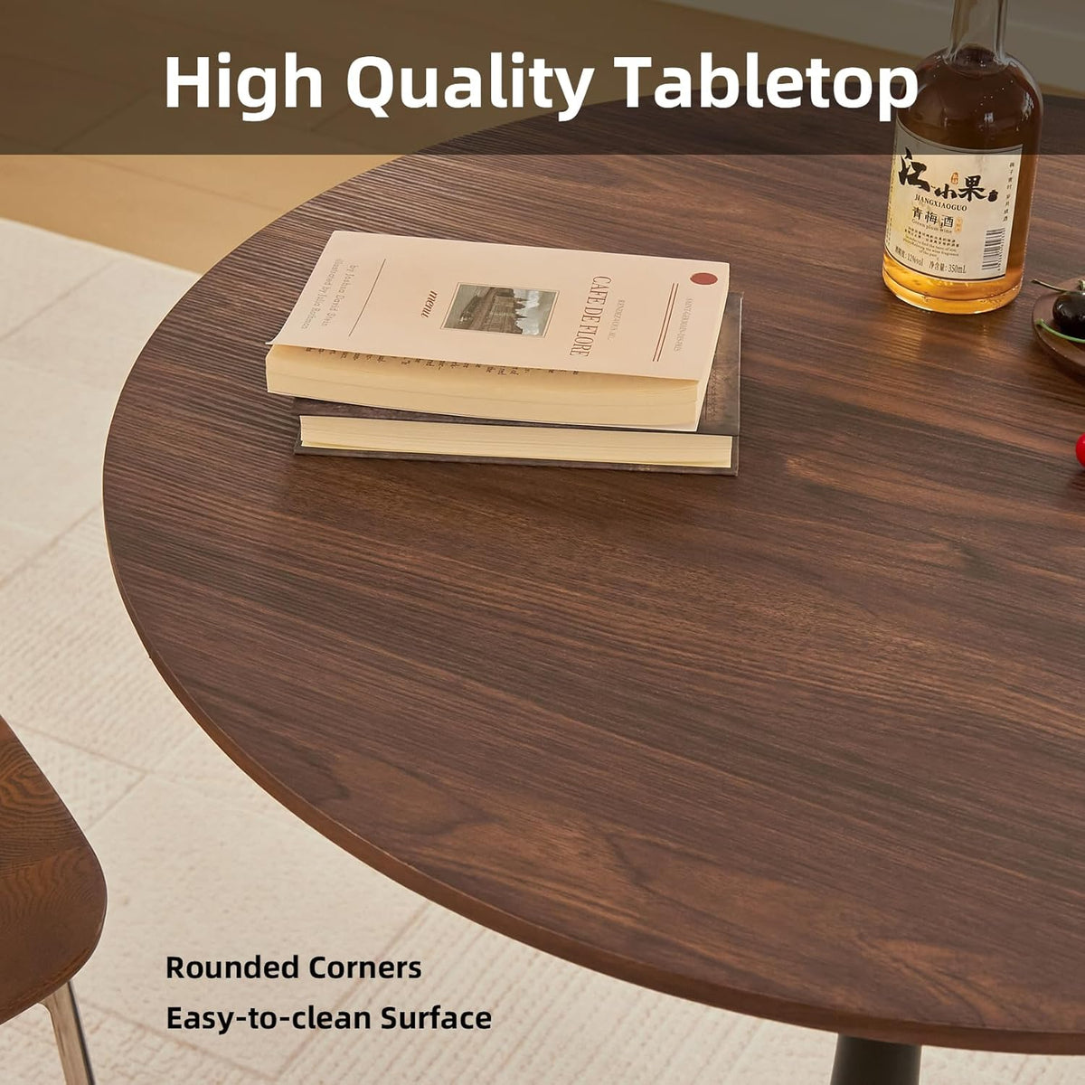 Table de salle à manger ronde, table tulipe circulaire de 80 cm dotée de plateau épais et pied en métal, table bistro moderne du milieu du siècle pour cuisine, petits espaces, salon, café (imitation noyer)