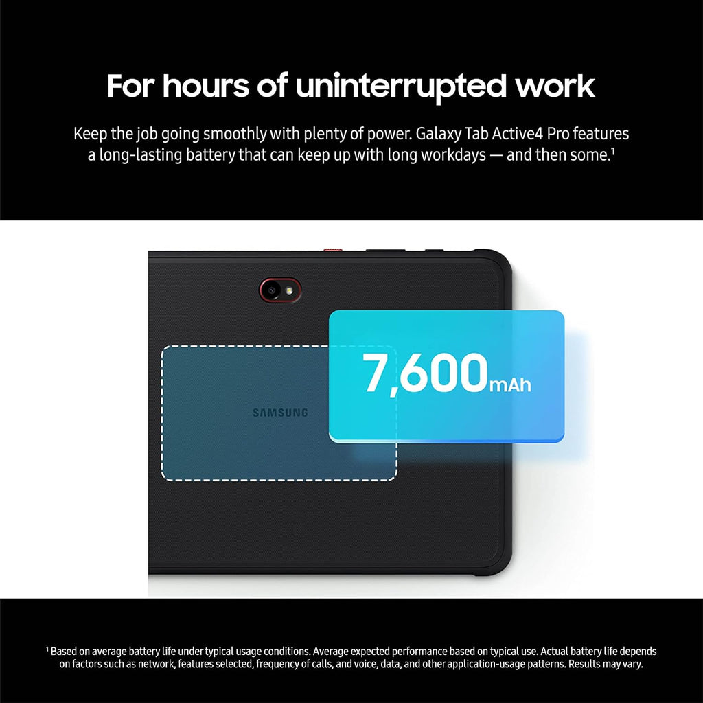 Tablette tactile Samsung Galaxy Tab Active4 Pro 10,1" 64 Go Wi-Fi Android professionnelle LTE débloquée, 4 Go de RAM, design robuste, écran tactile sensible, longue autonomie - idéale pour les professionnels SM-T630NZKAN20 Noir
