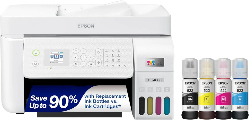 Imprimante jet d'encre multifonction à connectivité sans fil Epson EcoTank ET-4800, blanche, sans cartouche, scanner, photocopieur, fax, chargeur automatique de documents, Ethernet, pour bureau à domicile