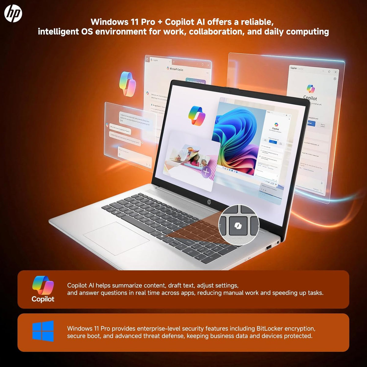 Ordinateur compact portable HP 2026 17 pouces tactile, Windows 11 Pro, Copilot AI, AMD Ryzen 5 7430U, écran tactile HD+ antireflet de 17,3 pouces, 32 Go de RAM, SSD de 2 To, charge rapide, webcam HD, Wi-Fi 6, Bluetooth 5.4, accessoires
