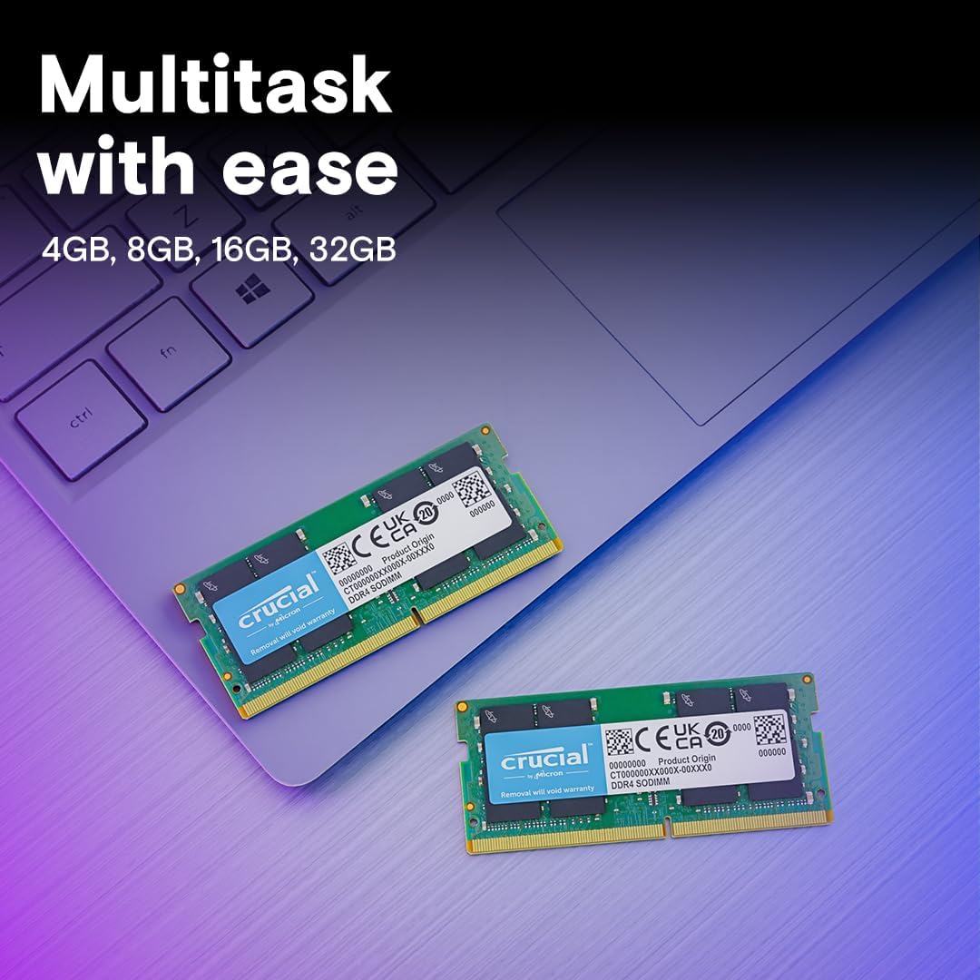 Kit de mémoire vive Crucial DDR4 16 Go (2 x 8 Go), 3 200 MHz (PC4-25600), sous-cadençable à 2 933/2 666 MHz, mémoire pour ordinateur compact portable SODIMM 260 broches, compatible avec les processeurs Intel Core de 13e génération et AMD Ryzen 7000