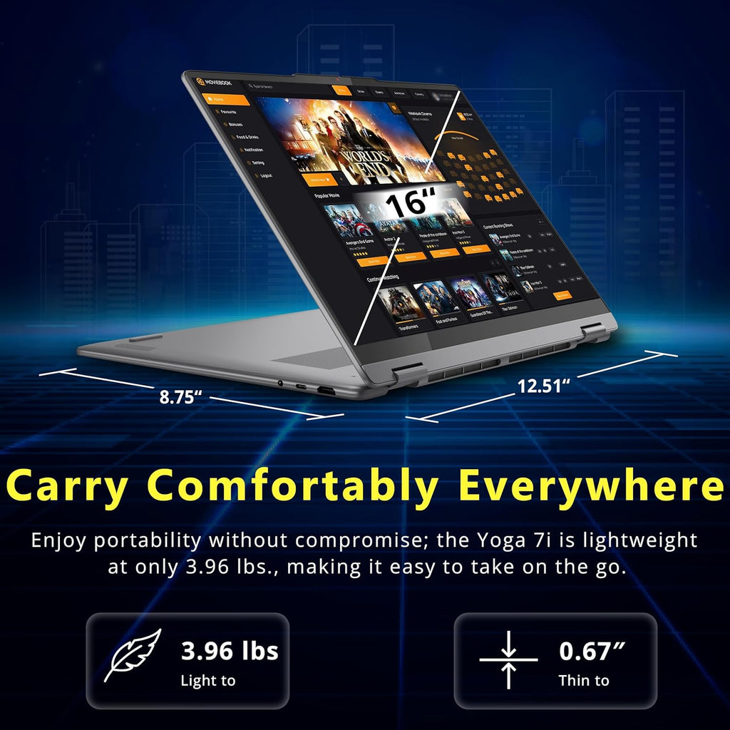 Lenovo Yoga 7i 2-en-1, ordinateur compact portable tactile 16 pouces 2K, processeur Intel Core Ultra 7 256 MHz, 16 Go de RAM LPDDR5X, disque dur de 2 To (SSD 1 To et station d'accueil 1 To), carte graphique Intel Arc, pavé numérique, Copilot+