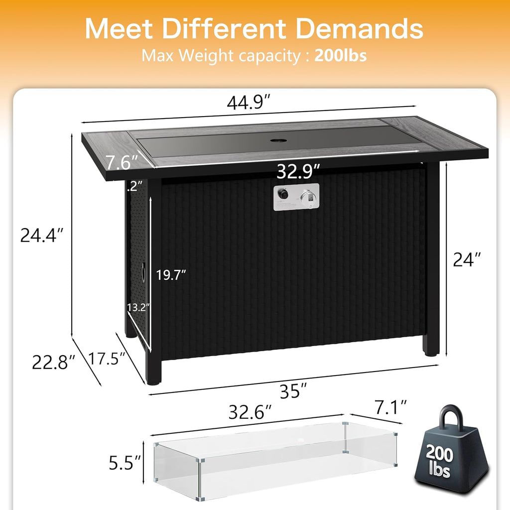 Foyer extérieur Meilocar 45 po (114 cm) au propane dotée de pare-vent en verre et housse anti-pluie, 50 000 BTU, 3 en 1, pour patio, cour ou balcon, plateau gris.