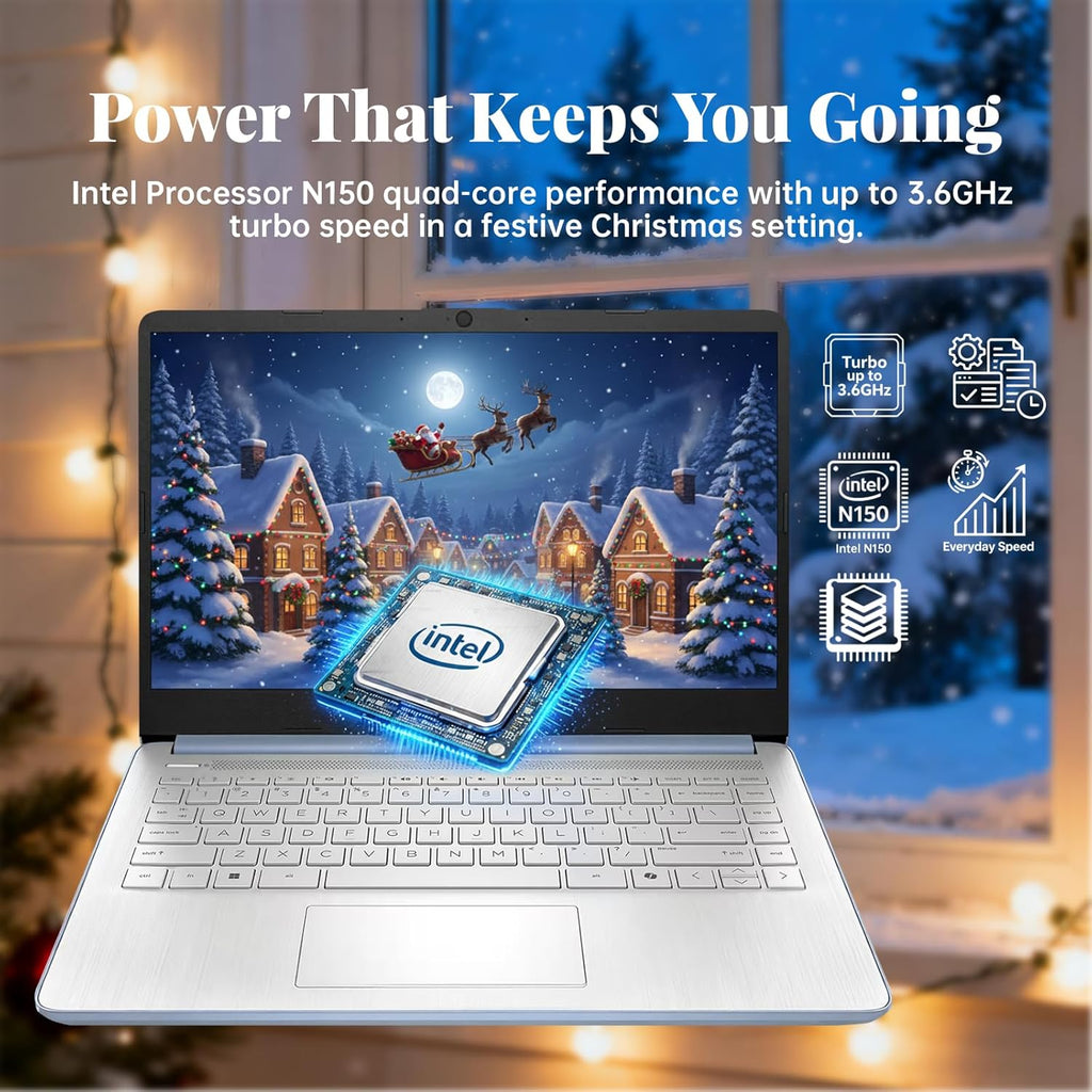 Ordinateur compact portable HP 14 2025 Professionnel Étudiant Fin, 1 an d'abonnement, Office 365, Copilot AI, Processeur Intel Quad-Core, 16 Go de RAM, Disque dur UFS 128 Go et carte SD 128 Go, Wi-Fi 6, Windows 11 Pro, JQ2XzAccessory Bleu Ciel