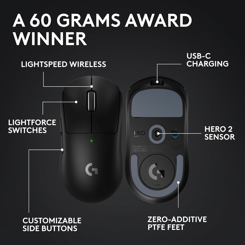 Souris gaming à connectivité sans fil Logitech G PRO X Superlight 2, 60 g, qualité professionnelle, 5 boutons programmables, capteur 44 000 DPI, taux de rapport 8 kHz, chargement USB-C pour PC/Mac - Noir