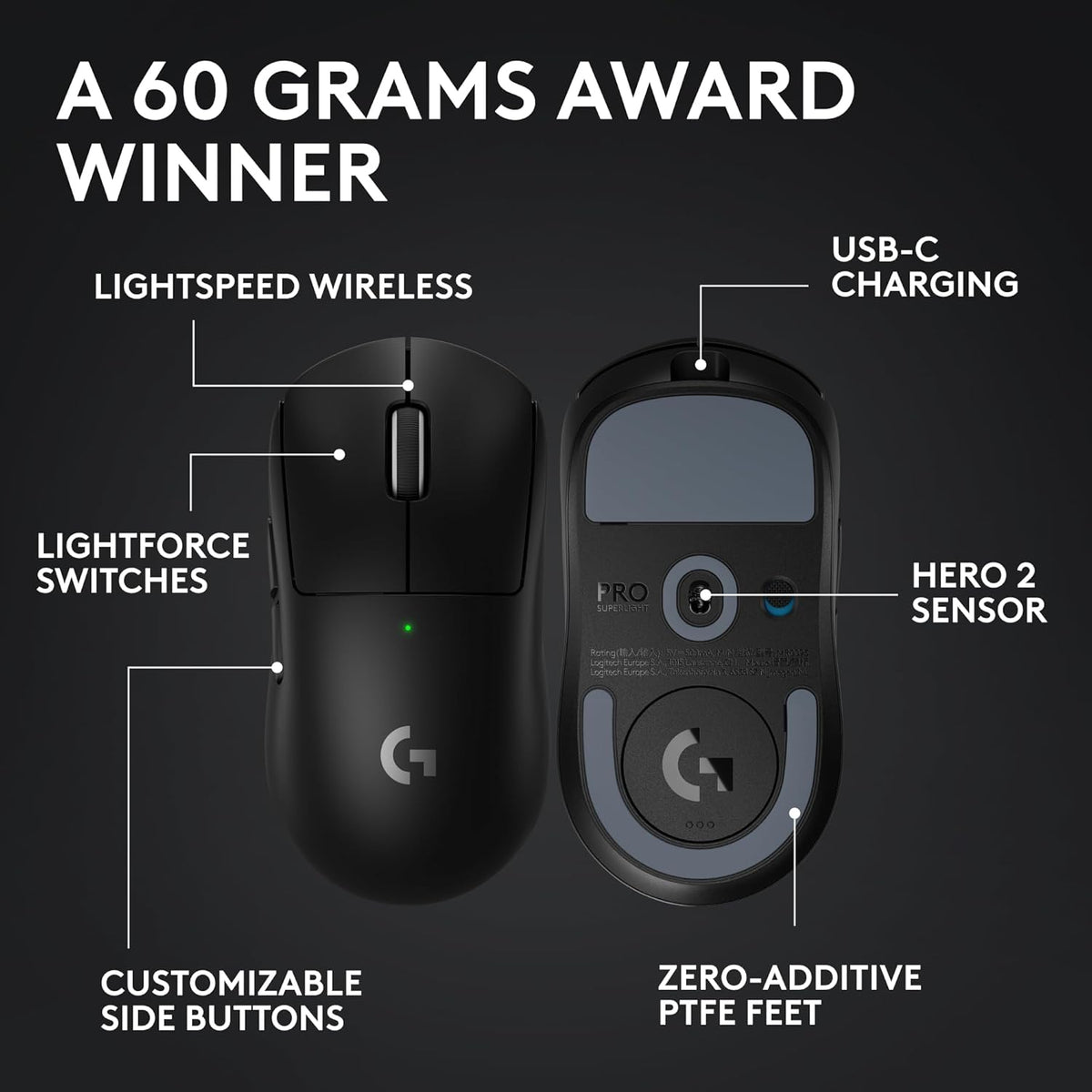 Souris gaming à connectivité sans fil Logitech G PRO X Superlight 2, 60 g, qualité professionnelle, 5 boutons programmables, capteur 44 000 DPI, taux de rapport 8 kHz, chargement USB-C pour PC/Mac - Noir