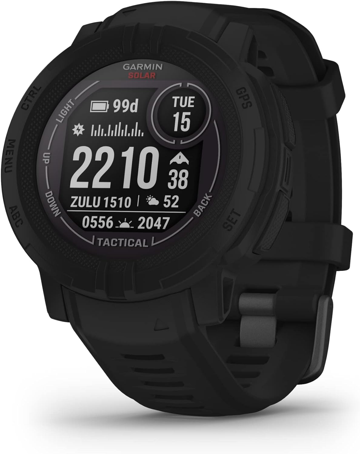 Montre Garmin Instinct 2 Solar Tactical-Edition robuste pour activités outdoor, doté de GPS, recharge solaire, conçue pour résister à tous les éléments, compatibilité multi-GNSS, fonction de retour en arrière et bien plus encore (noire).
