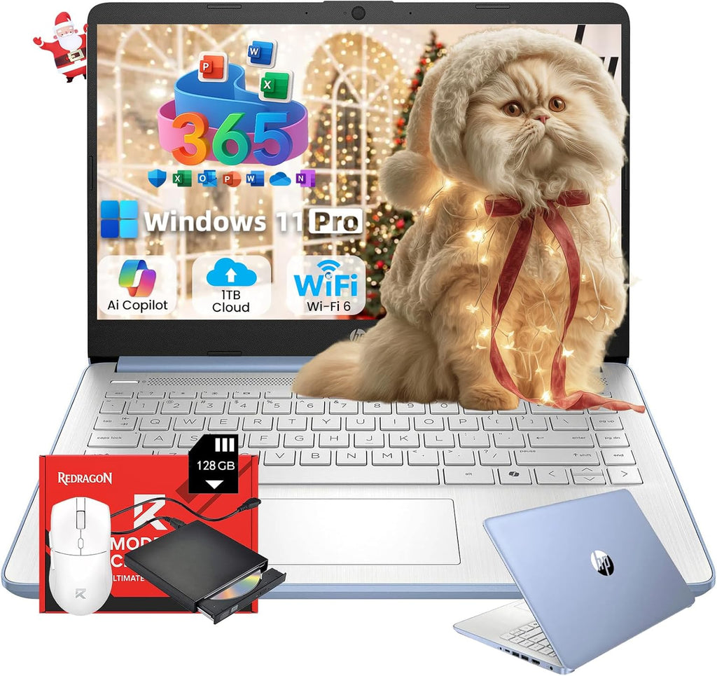 Ordinateur compact portable HP 14 2025 Professionnel Étudiant Fin, 1 an d'abonnement, Office 365, Copilot AI, Processeur Intel Quad-Core, 16 Go de RAM, Disque dur UFS 128 Go et carte SD 128 Go, Wi-Fi 6, Windows 11 Pro, JQ2XzAccessory Bleu Ciel