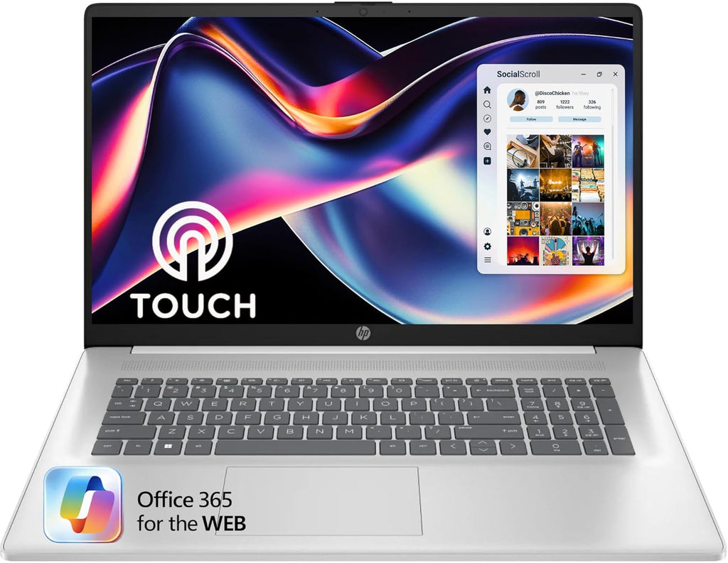 Ordinateur compact portable HP 17,3" tactile avec Office 365 pour le Web | Processeur AMD Ryzen 5 7430U (6 cœurs, 12 threads, jusqu'à 4,3 GHz, plus performant que le Core i7-1355U) | 16 Go de RAM | SSD de 512 Go | Pavé numérique | Sans souris