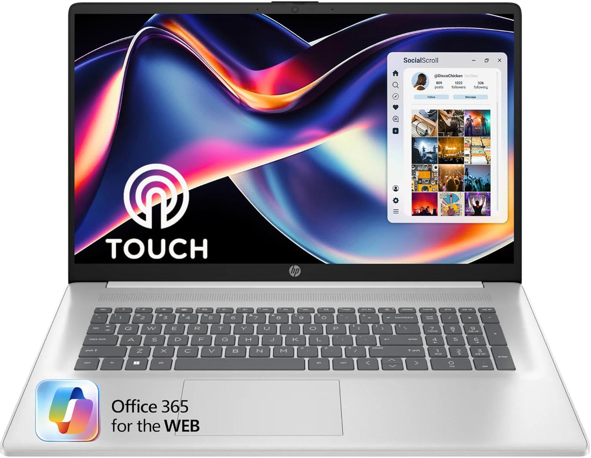 Ordinateur compact portable HP 17,3" tactile avec Office 365 pour le Web | Processeur AMD Ryzen 5 7430U (6 cœurs, 12 threads, jusqu'à 4,3 GHz, plus performant que le Core i7-1355U) | 16 Go de RAM | SSD de 512 Go | Pavé numérique | Sans souris