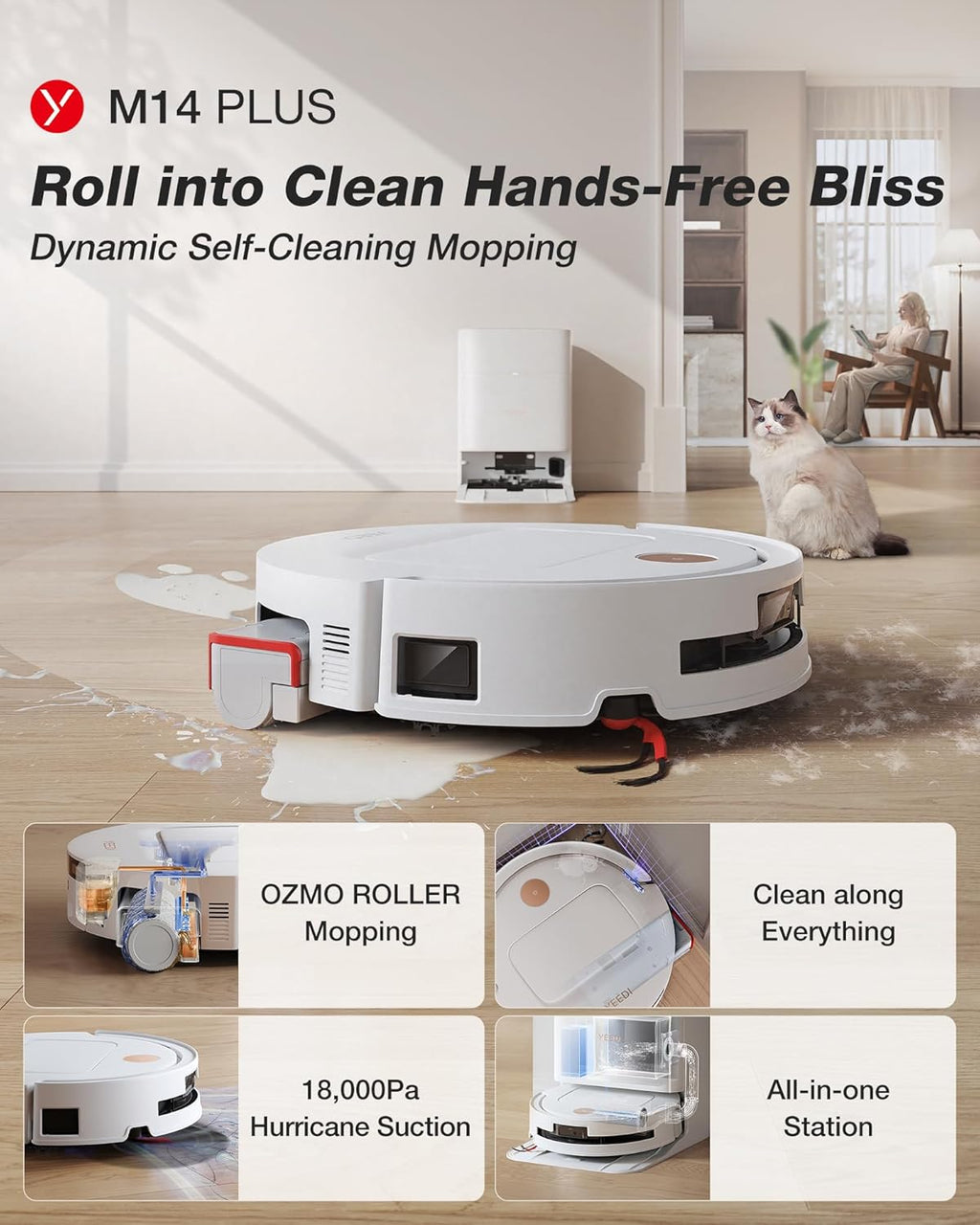 Aspirateur et laveur robot Yeedi M14 Plus doté de station tout-en-un, 18 000 Pa, rouleau OZMO pour un lavage instantané et autonettoyant, lavage à l'eau chaude à 75 °C et séchage automatique, ZeroTangle 3.0, vidage automatique, blanc