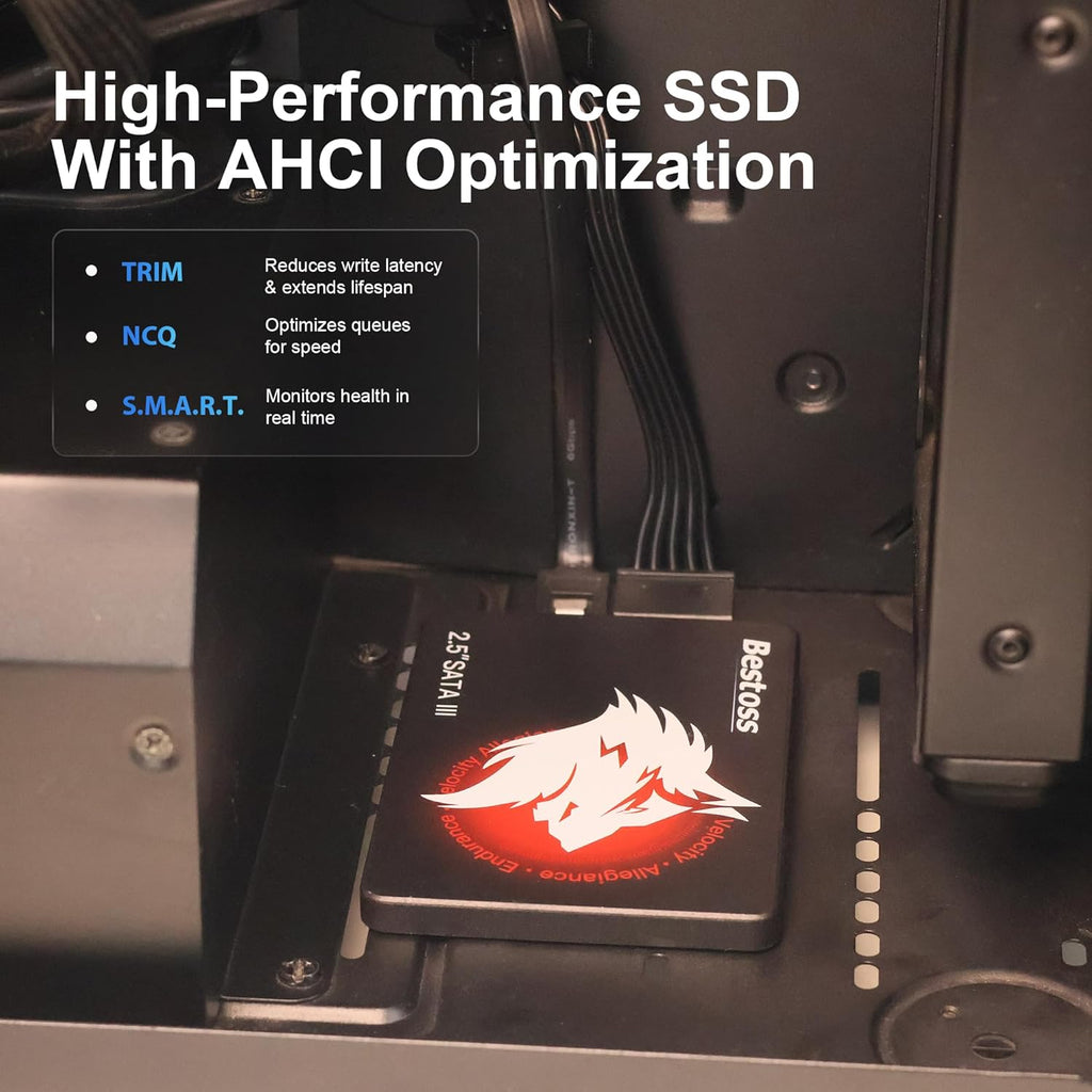 Disque dur interne SSD Bestoss 1 To 2,5 pouces pour PC ou ordinateur compact portable, SATA III 6 Gb/s, jusqu'à 550 Mo/s, idéal pour améliorer le stockage de votre ordinateur (bureau, étudiants, divertissement à domicile).