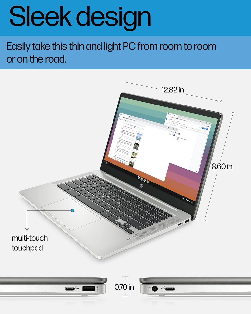 Ordinateur compact portable HP Chromebook 14, Intel Celeron N4120, 4 Go de RAM, 64 Go eMMC, écran HD 14 pouces, Chrome OS, design fin, graphismes 4K, longue autonomie, clavier gris cendré (14a-na0226nr, 2022, argent minéral)