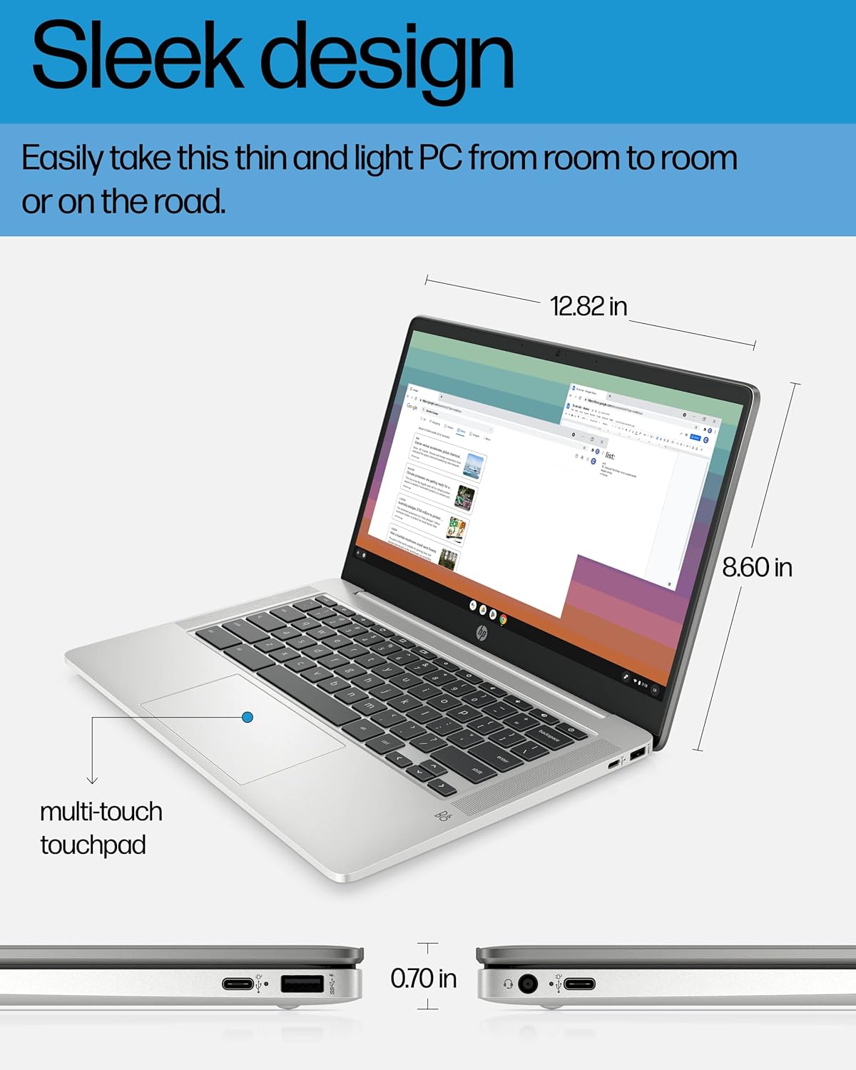 Ordinateur compact portable HP Chromebook 14, Intel Celeron N4120, 4 Go de RAM, 64 Go eMMC, écran HD 14 pouces, Chrome OS, design fin, graphismes 4K, longue autonomie, clavier gris cendré (14a-na0226nr, 2022, argent minéral)