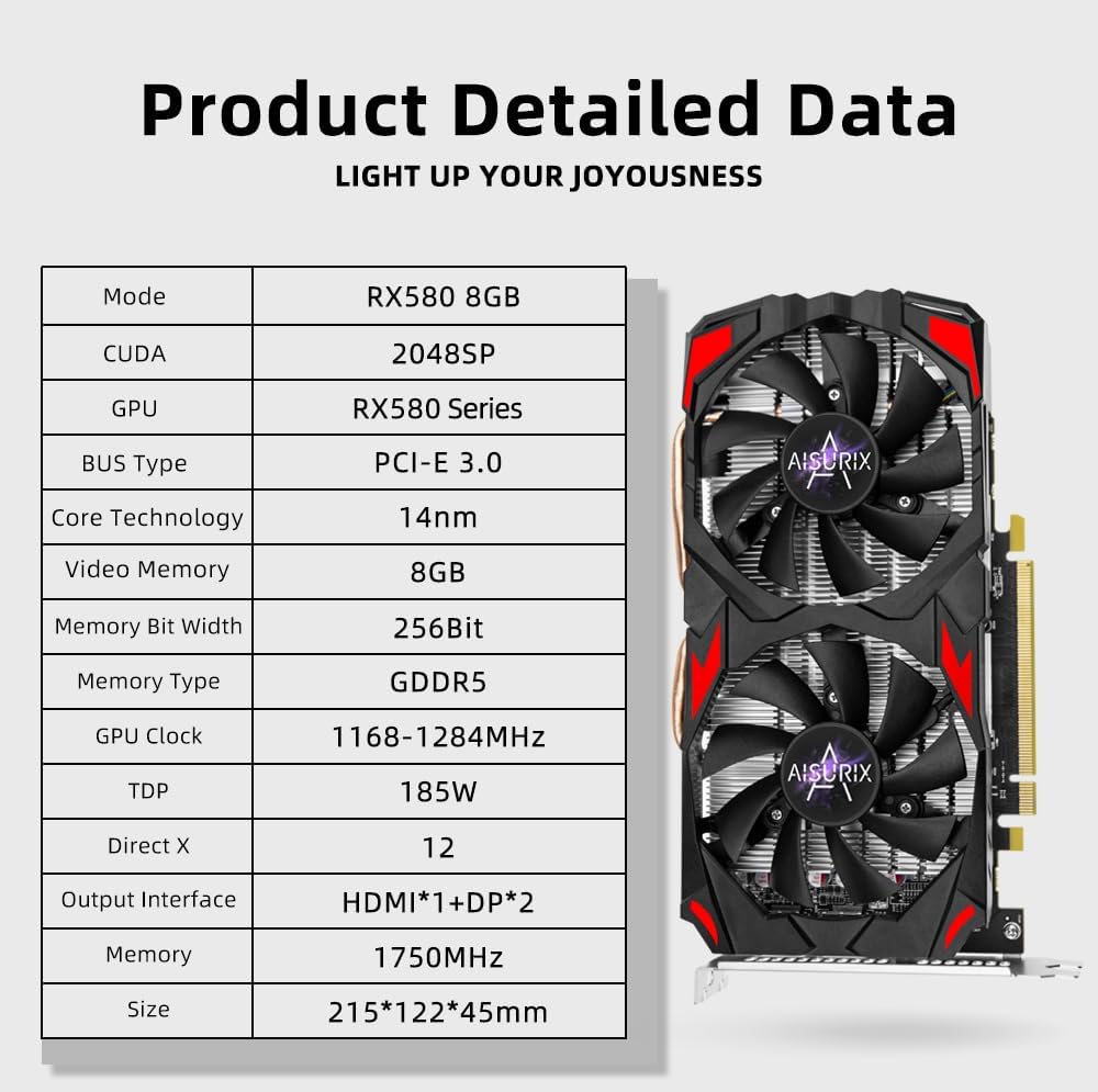 Carte graphique Kelinx AISURIX RX 580, 2048SP, 8 Go physiques, GDDR5, 256 bits, carte vidéo de jeu PC, 2 ports DP, HDMI, PCI Express 3.0 doté de fonction Freeze Fan Stop pour PC de bureau.