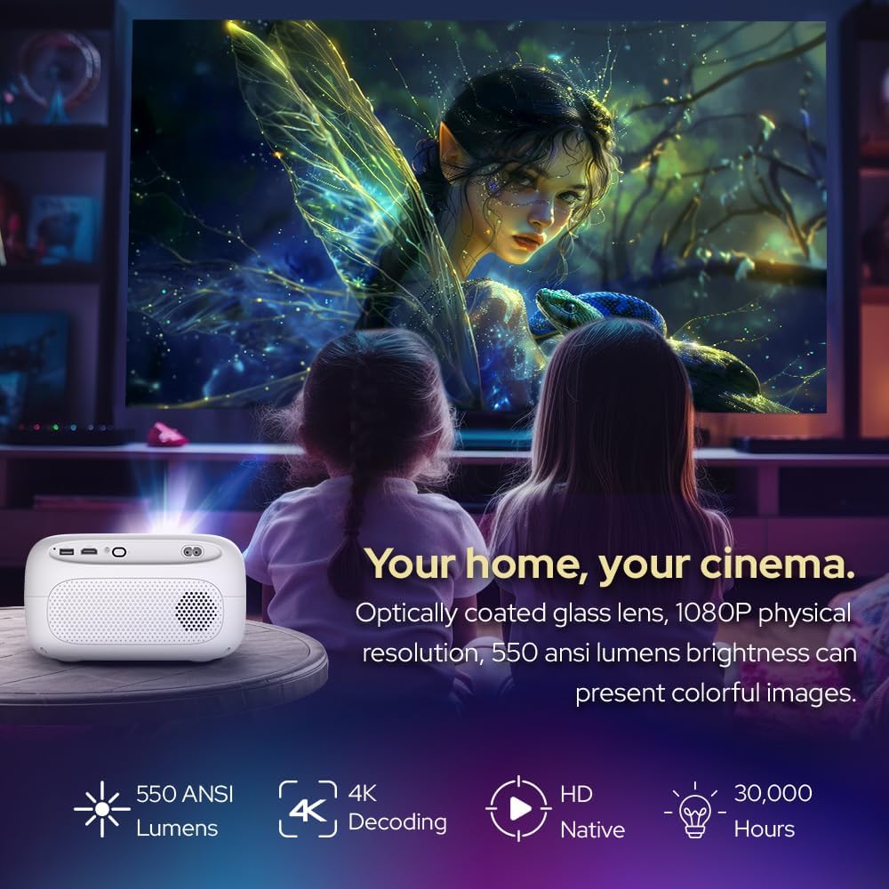 Projecteur intelligent au format compact PJ500, écran HD 1080p de 40 à 130 pouces, décodage 4K, 550 lumens ANSI, mise au point automatique et correction trapézoïdale, connectivité Wi-Fi 6 et Bluetooth 5.2