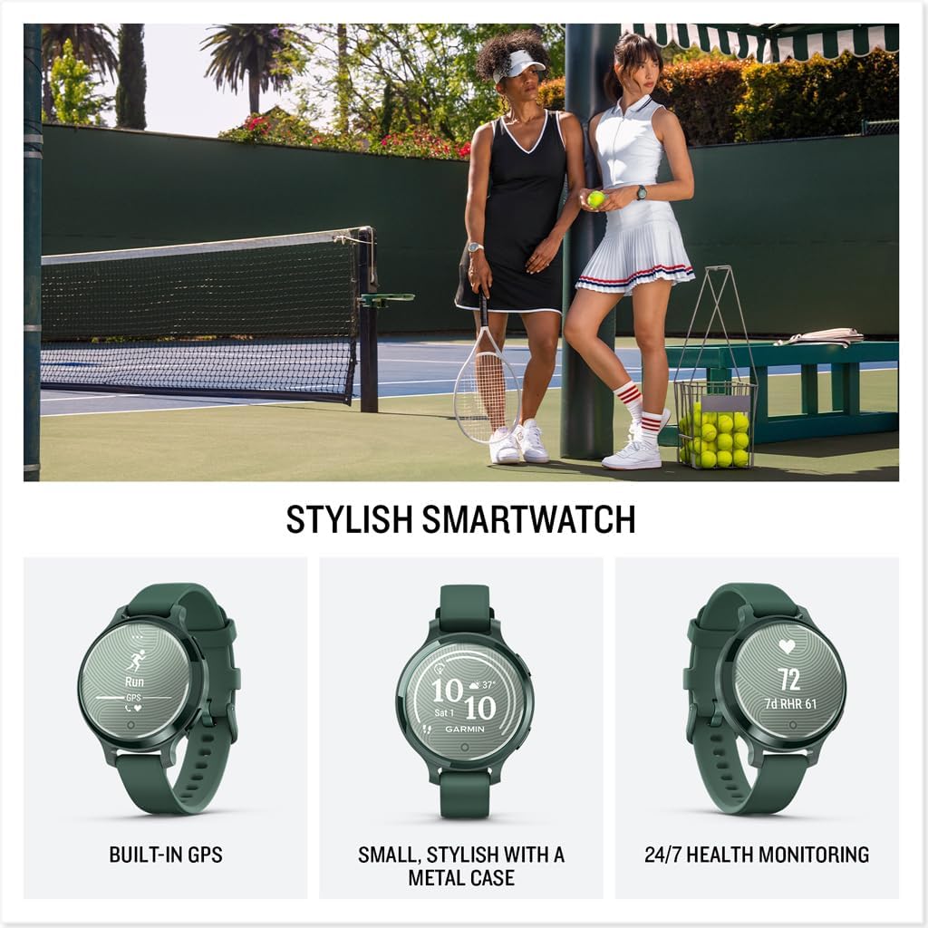 Présentation : Montre connectée Garmin Lily® 2 Active, petite et élégante, avec GPS intégré, écran dissimulé, verre à motifs, jusqu'à 9 jours d'autonomie, coloris vert jaspe et bracelet en silicone vert jaspe.