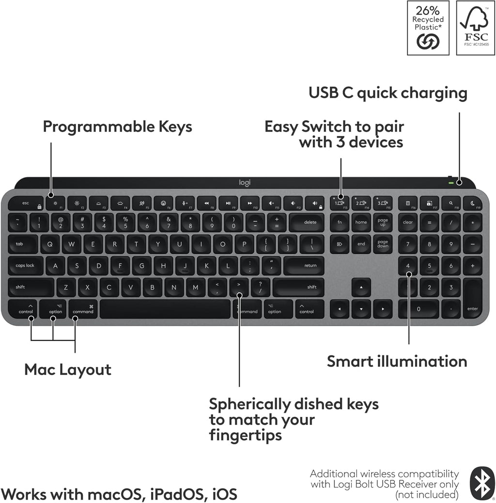 Logitech MX Keys S pour Mac, clavier sans fil, frappe fluide et précise comparable à celle d'un ordinateur compact portable, touches programmables, rétroéclairage, Bluetooth, rechargeable par USB-C pour MacBook Pro, MacBook Air, iMac et iPad - Gris