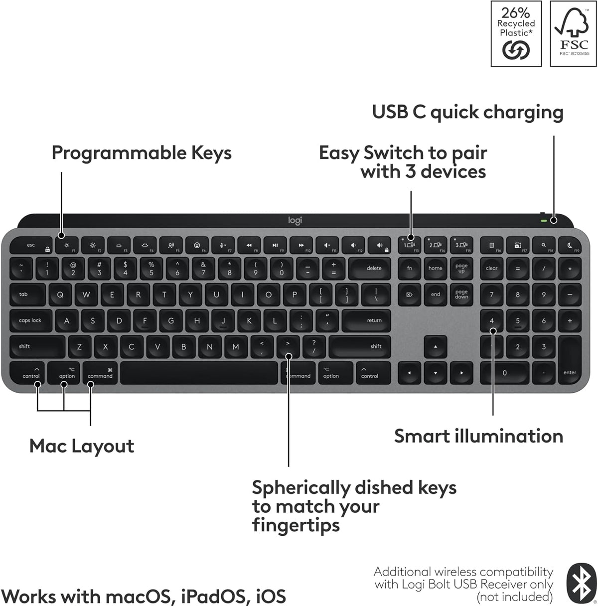 Logitech MX Keys S pour Mac, clavier sans fil, frappe fluide et précise comparable à celle d'un ordinateur compact portable, touches programmables, rétroéclairage, Bluetooth, rechargeable par USB-C pour MacBook Pro, MacBook Air, iMac et iPad - Gris