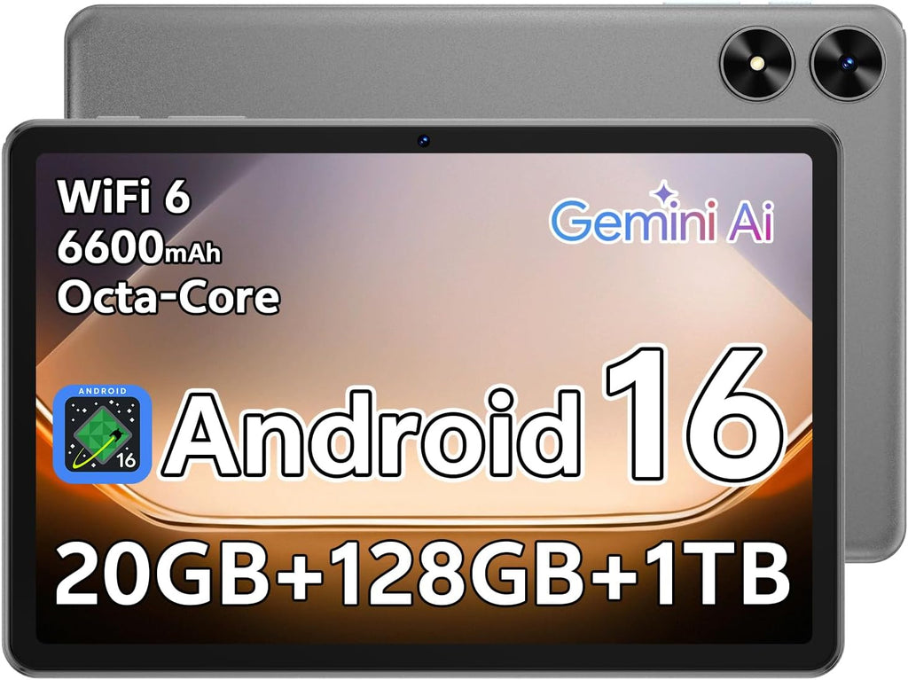 Tablette tactile Android 16 de 10,1 pouces avec processeur octocœur, 20 Go de RAM, 128 Go de ROM extensible jusqu'à 1 To, écran tactile IPS HD 1280 x 800, GPS, autonomie de 8 heures, Wi-Fi 6, Bluetooth 5.2, double caméra (Gris)