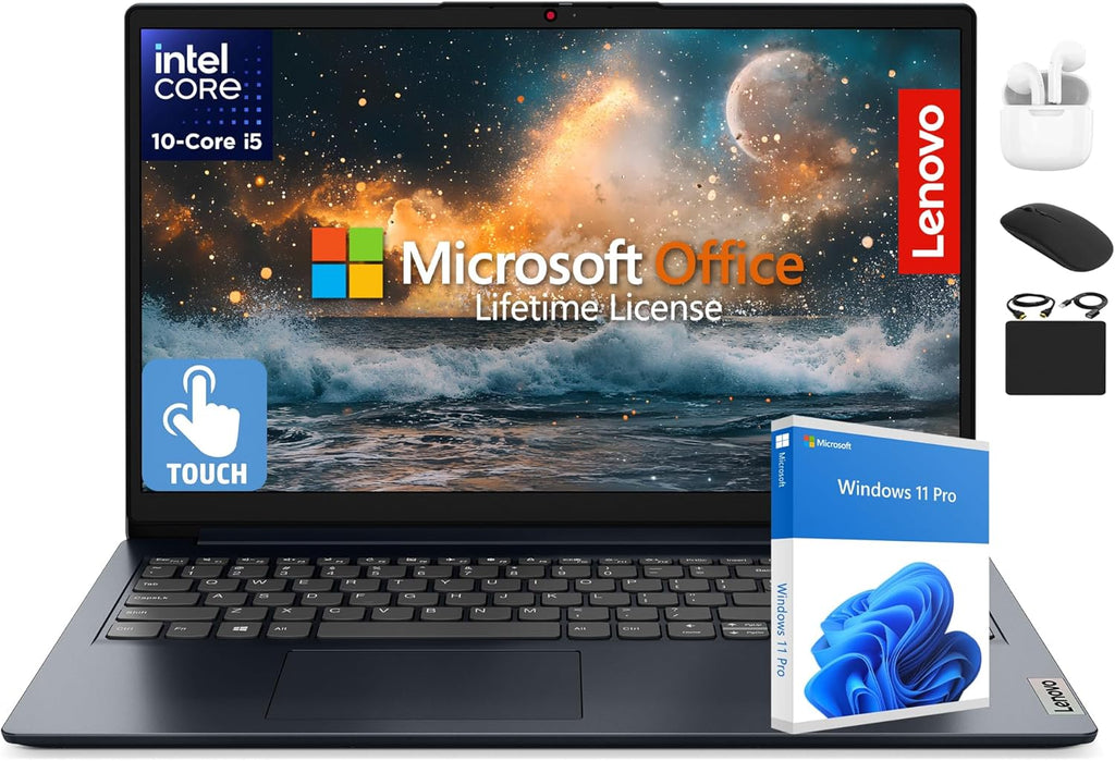 Ordinateur compact portable Lenovo IdeaPad 15,6" haut de gamme à écran tactile (2025) : processeur Intel i5 à 10 cœurs, licence Office 2024 à vie, Copilot AI, 16 Go de RAM, 1 To de stockage (500 Go SSD + 500 Go d'extension), HubxcelAccessory