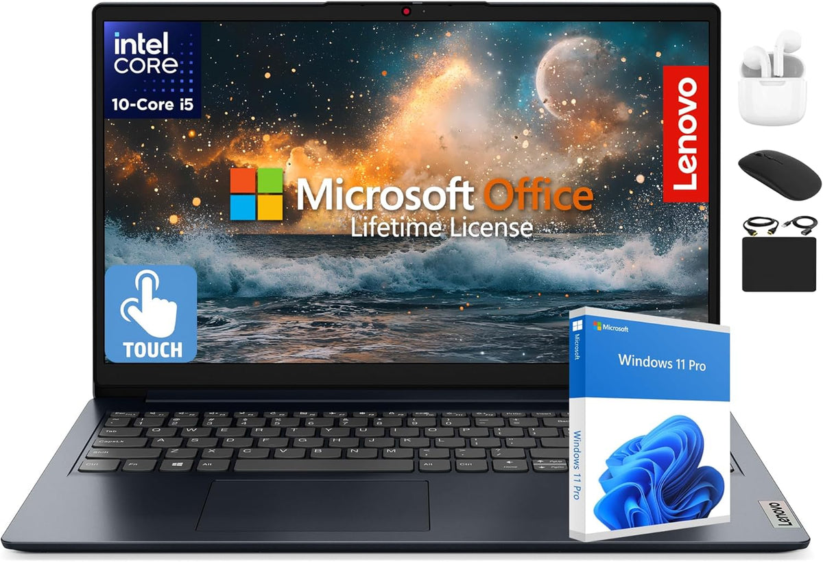 Ordinateur compact portable Lenovo IdeaPad 15,6" haut de gamme à écran tactile (2025) : processeur Intel i5 à 10 cœurs, licence Office 2024 à vie, Copilot AI, 16 Go de RAM, 1 To de stockage (500 Go SSD + 500 Go d'extension), HubxcelAccessory
