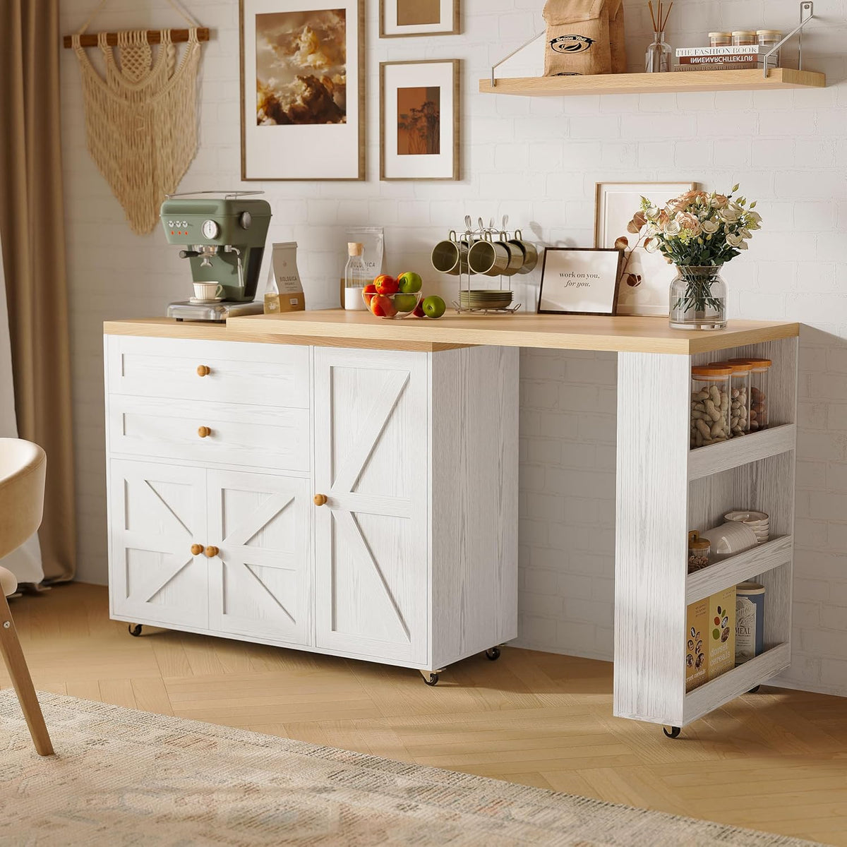 Îlot de cuisine mobile IRONCK dotée de rangement, chariot de cuisine de 180 cm avec 3 étagères et tiroirs, plateau pivotant à 360° et porte-épices, blanc