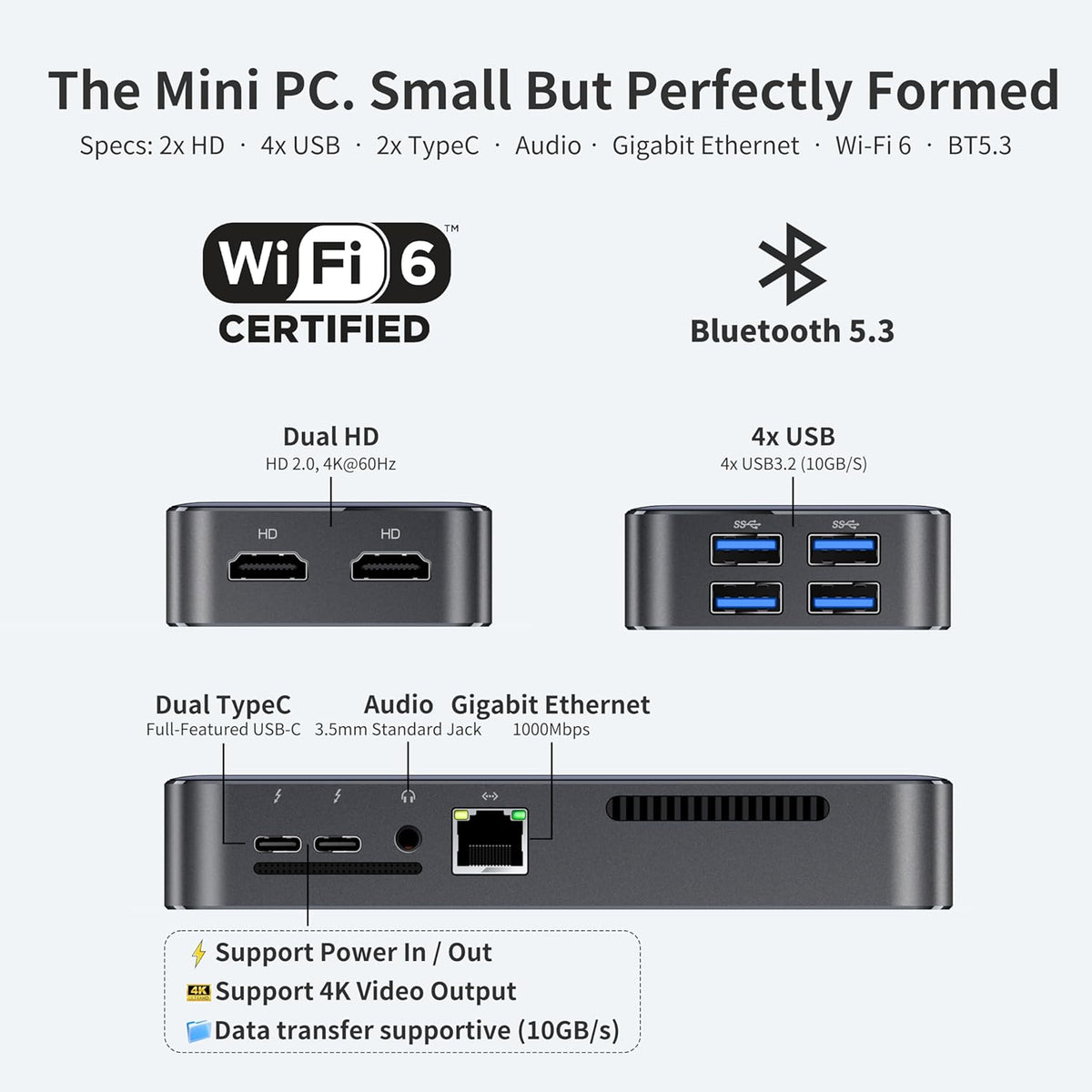 Mini PC DreamQuest Mini Plus doté de Windows 11 Pro préinstallé, processeur Intel N95 (allant jusqu'à 3,4 GHz), 12 Go de RAM DDR5, SSD de 512 Go, 2 ports USB-C, 2 ports HDMI, 4 ports USB 3.2, Wi-Fi 6, Bluetooth 5.3 et compatibilité 4K 60 Hz.