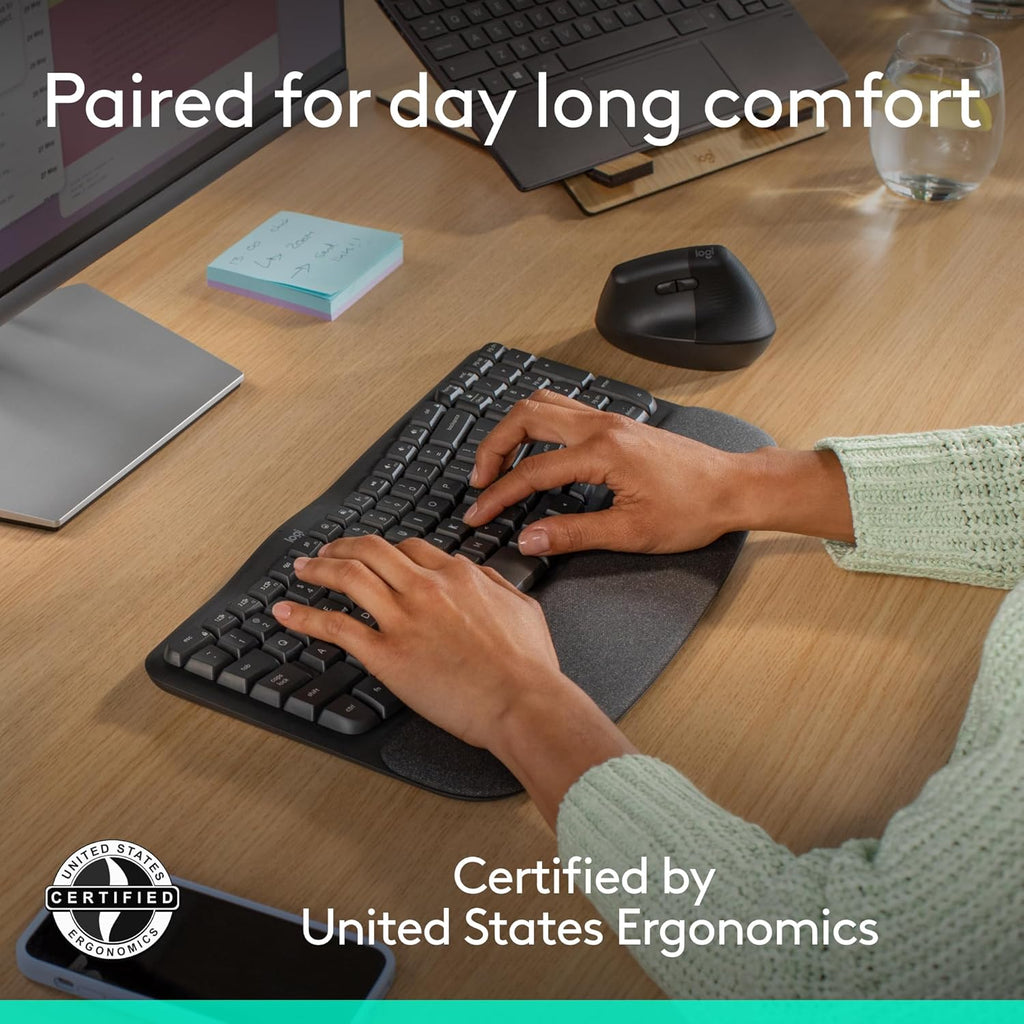 Logitech Wave Keys & Lift Vertical Mouse - Ensemble clavier et souris à connectivité sans fil ergonomiques - doté de repose-poignets rembourré, fonction Easy-Switch, Bluetooth, compatible Windows/Mac - Graphite