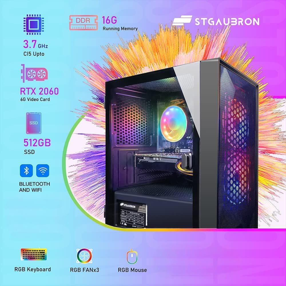 Ordinateur de bureau gaming STGAubron, processeur Intel Core i5 allant jusqu'à 3,7 GHz, carte graphique GeForce RTX 2060 6 Go, 16 Go de RAM, SSD de 512 Go, Wi-Fi 6, Bluetooth 5.0, 2 ventilateurs RGB, Windows 11 Famille