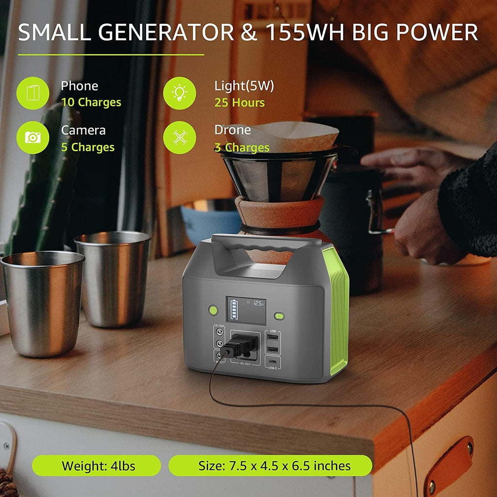 Station d'alimentation compact portable EnginStar, batterie externe 150 W 155 Wh avec prise secteur 110 V, 6 sorties, chargeur d'ordinateur compact portable et lampe LED intégrée pour la maison et le camping.