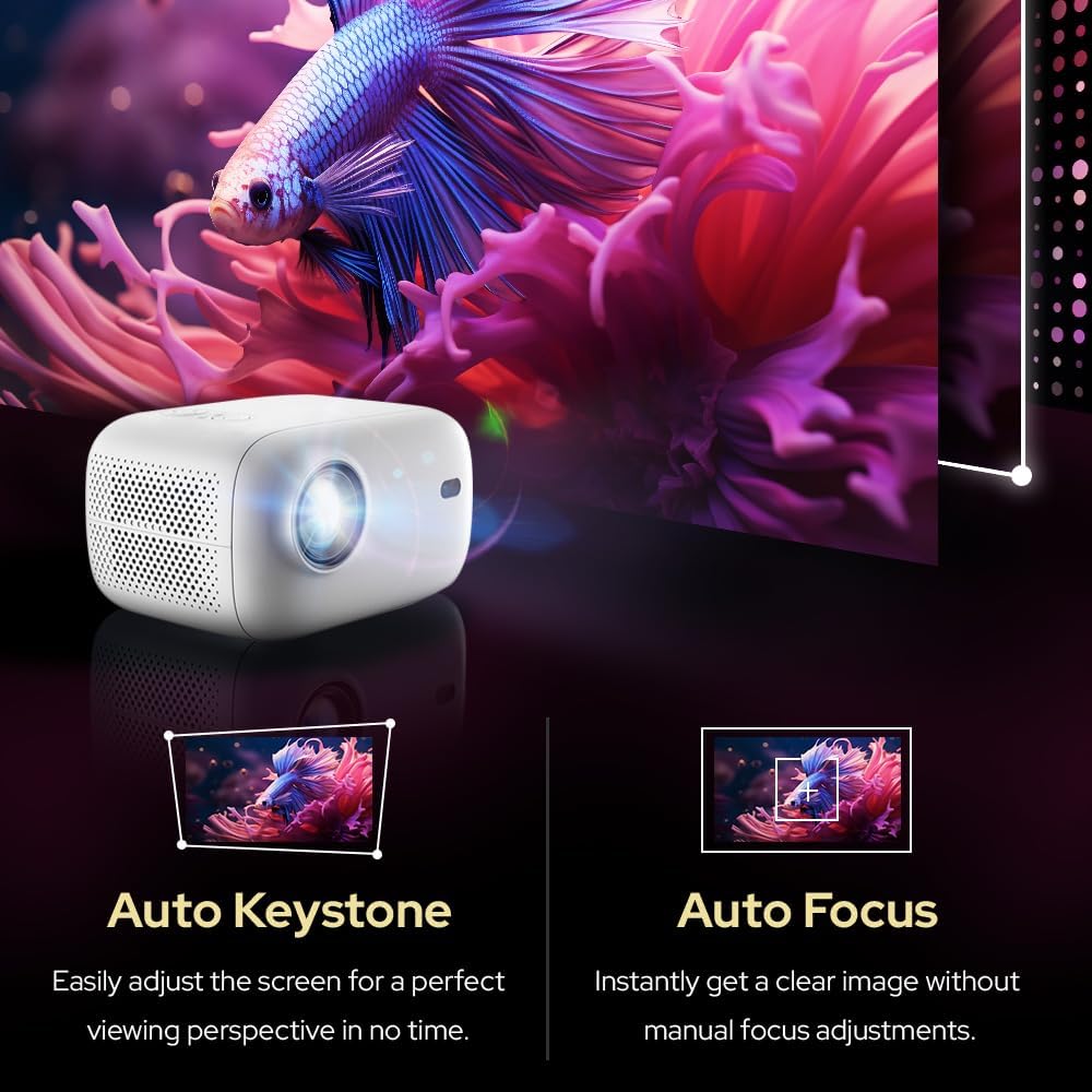 Projecteur intelligent au format compact PJ500, écran HD 1080p de 40 à 130 pouces, décodage 4K, 550 lumens ANSI, mise au point automatique et correction trapézoïdale, connectivité Wi-Fi 6 et Bluetooth 5.2