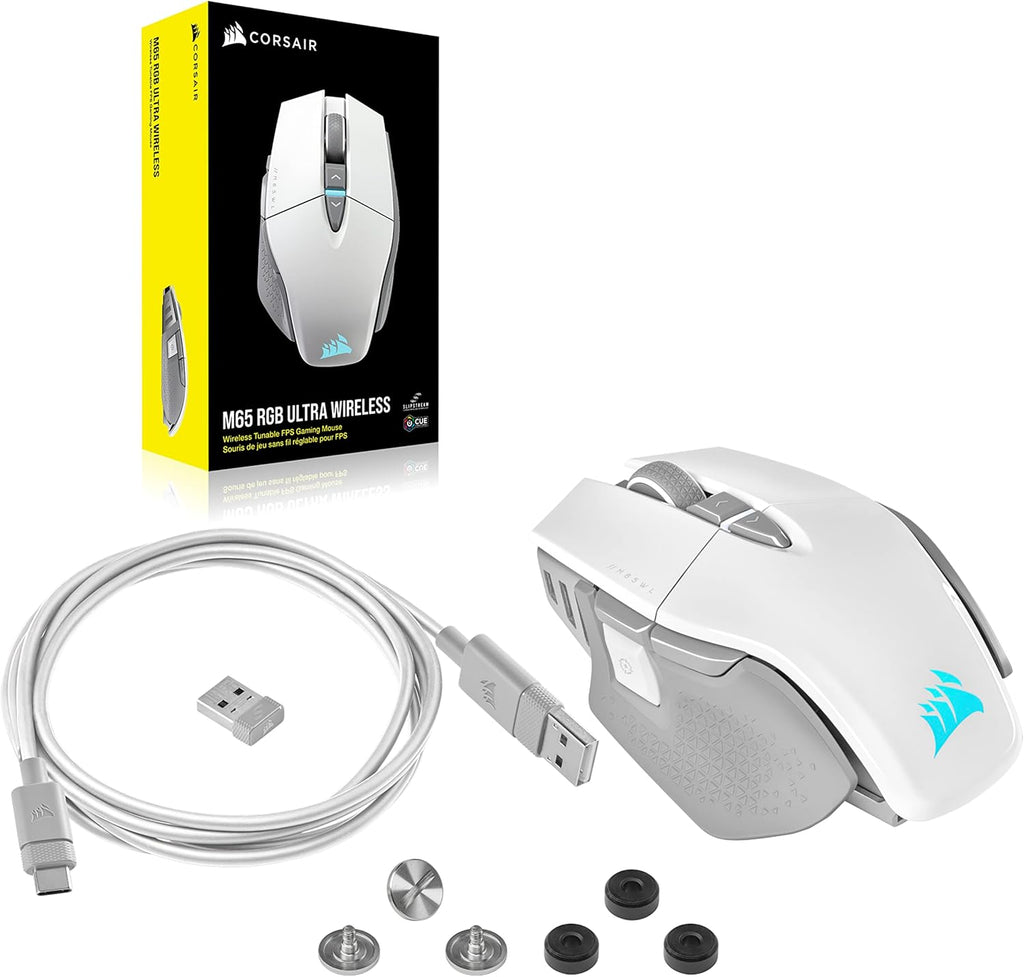 Souris gaming à connectivité sans fil Corsair M65 RGB Ultra Wireless : FPS réglable, technologie à connectivité sans fil Slipstream (moins d'1 ms), capteur optique 26 000 DPI, allant jusqu'à 120 heures d'autonomie, 8 boutons programmables – Blanche