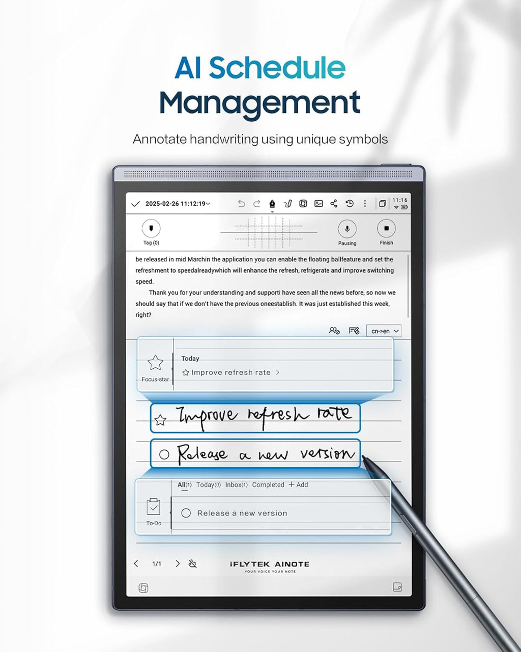 Pack iFLYTEK AINOTE Air 2 – Tablette tactile de prise de notes IA à encre électronique 8,2 pouces avec stylet, 4 096 niveaux de pression, carnet numérique avec transcription vocale, prise en charge multilingue, idéale pour les réunions et les études