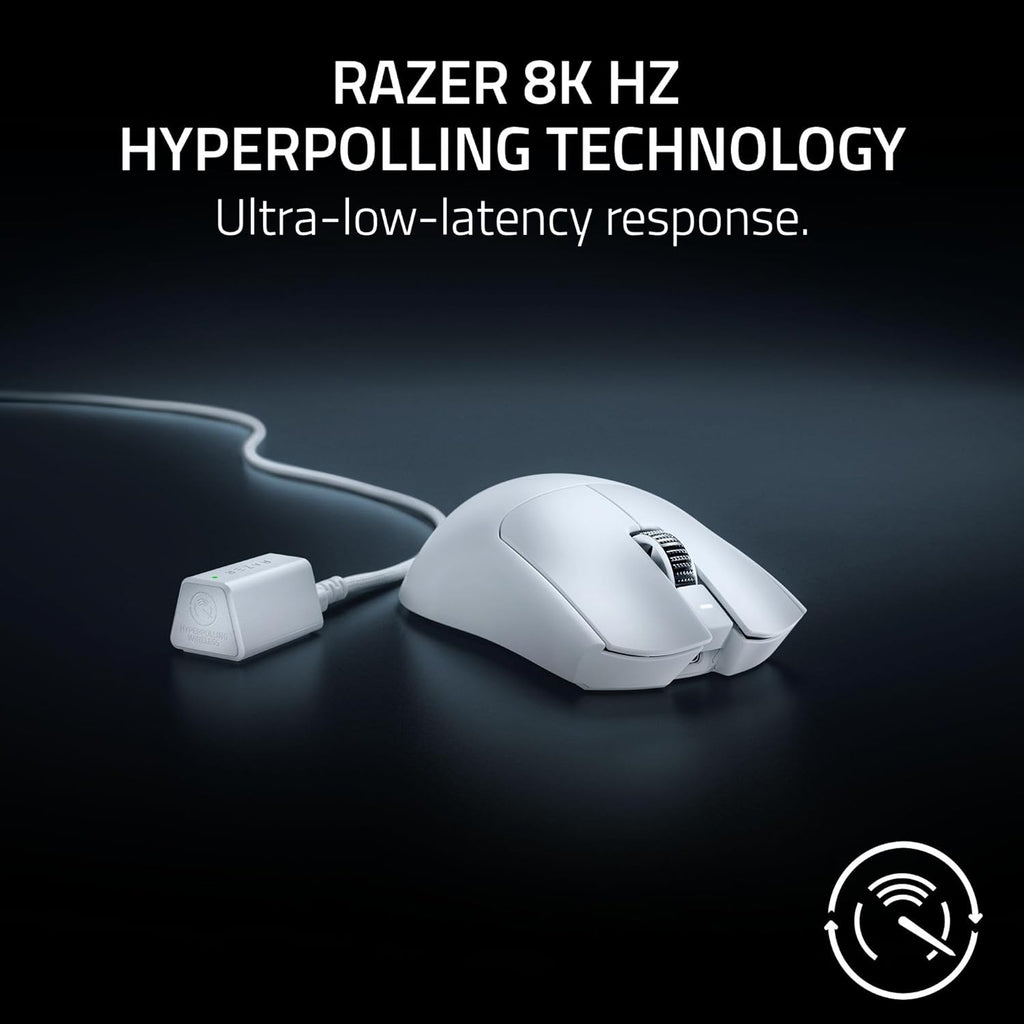 Souris gaming à connectivité sans fil Razer Viper V3 Pro : symétrique, légère (55 g), fréquence de rafraîchissement de 8 000 Hz, capteur optique 35 000 DPI, commutateurs optiques Gen3, 8 boutons programmables, autonomie de 95 h, blanche.