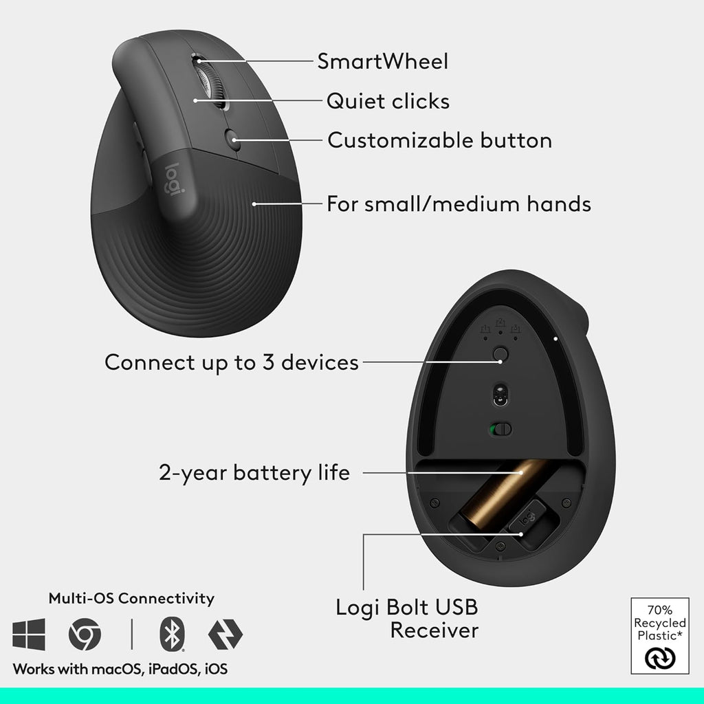 Logitech Wave Keys & Lift Vertical Mouse - Ensemble clavier et souris à connectivité sans fil ergonomiques - doté de repose-poignets rembourré, fonction Easy-Switch, Bluetooth, compatible Windows/Mac - Graphite
