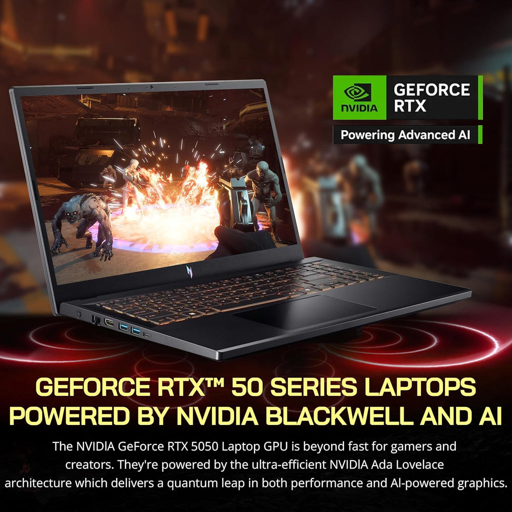 Ordinateur compact portable de jeu Acer Nitro V 15,6" FHD IPS 165 Hz, processeur Intel Core i5-13420H, carte graphique NVIDIA GeForce RTX 5050 8 Go GDDR7, 32 Go de RAM, SSD 1 To, clavier rétroéclairé, Wi-Fi 6, Windows 11 Pro, noir, station d'accueil
